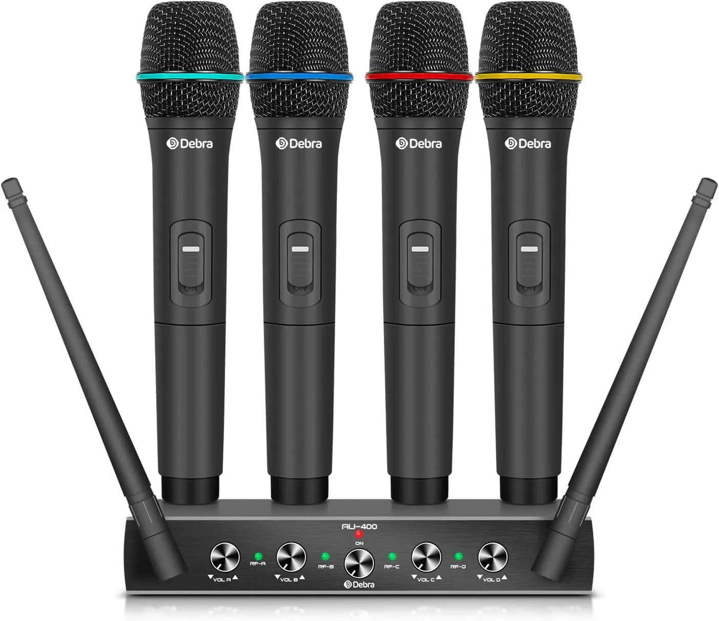 Debra Audio Pro UHF 4 Channel Wireless Microphone System with Cordless Handheld Lavalier Headset Mics, Metal Receiver, Ideal for Karaoke Church Party (with 4 Handheld (A))