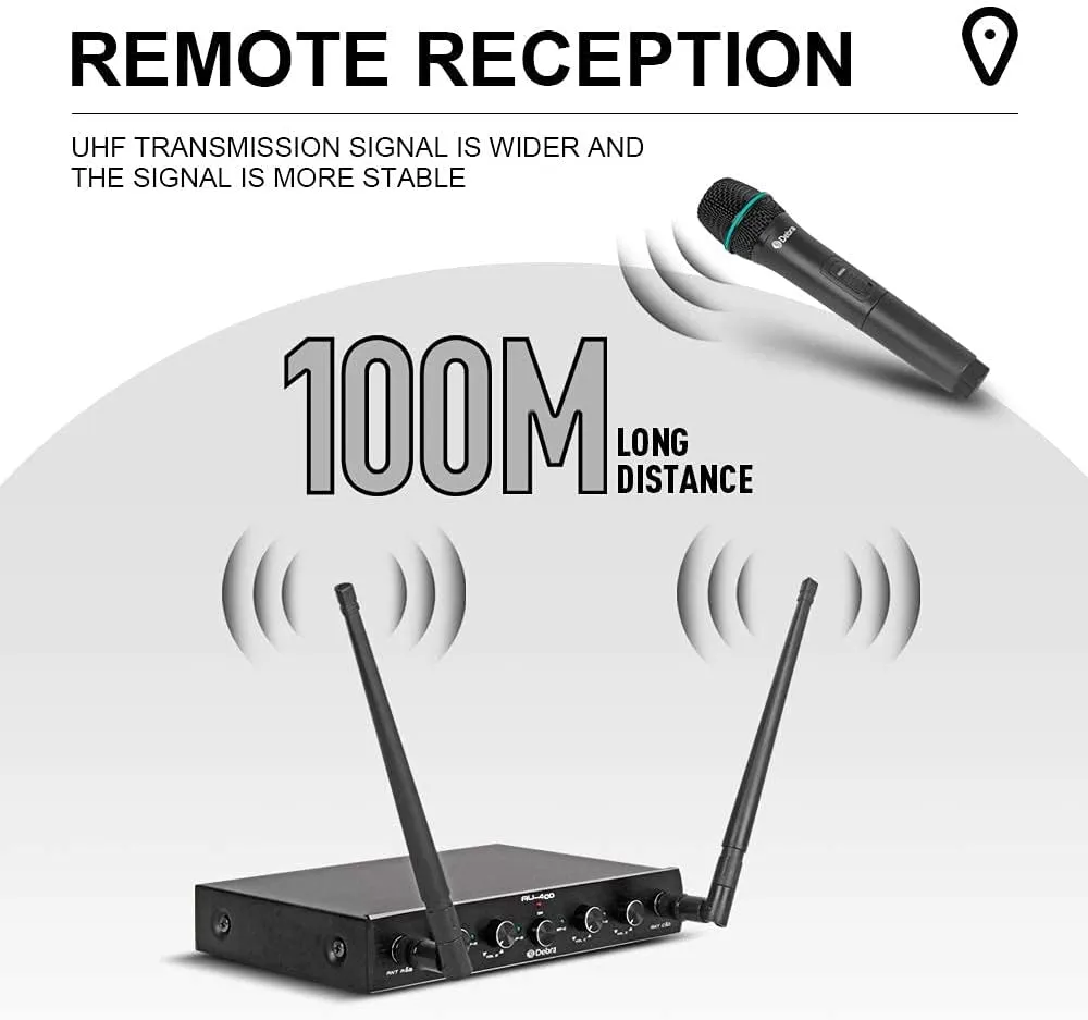 Debra Audio Pro UHF 4 Channel Wireless Microphone System with Cordless Handheld Lavalier Headset Mics, Metal Receiver, Ideal for Karaoke Church Party (with 4 Handheld (A))