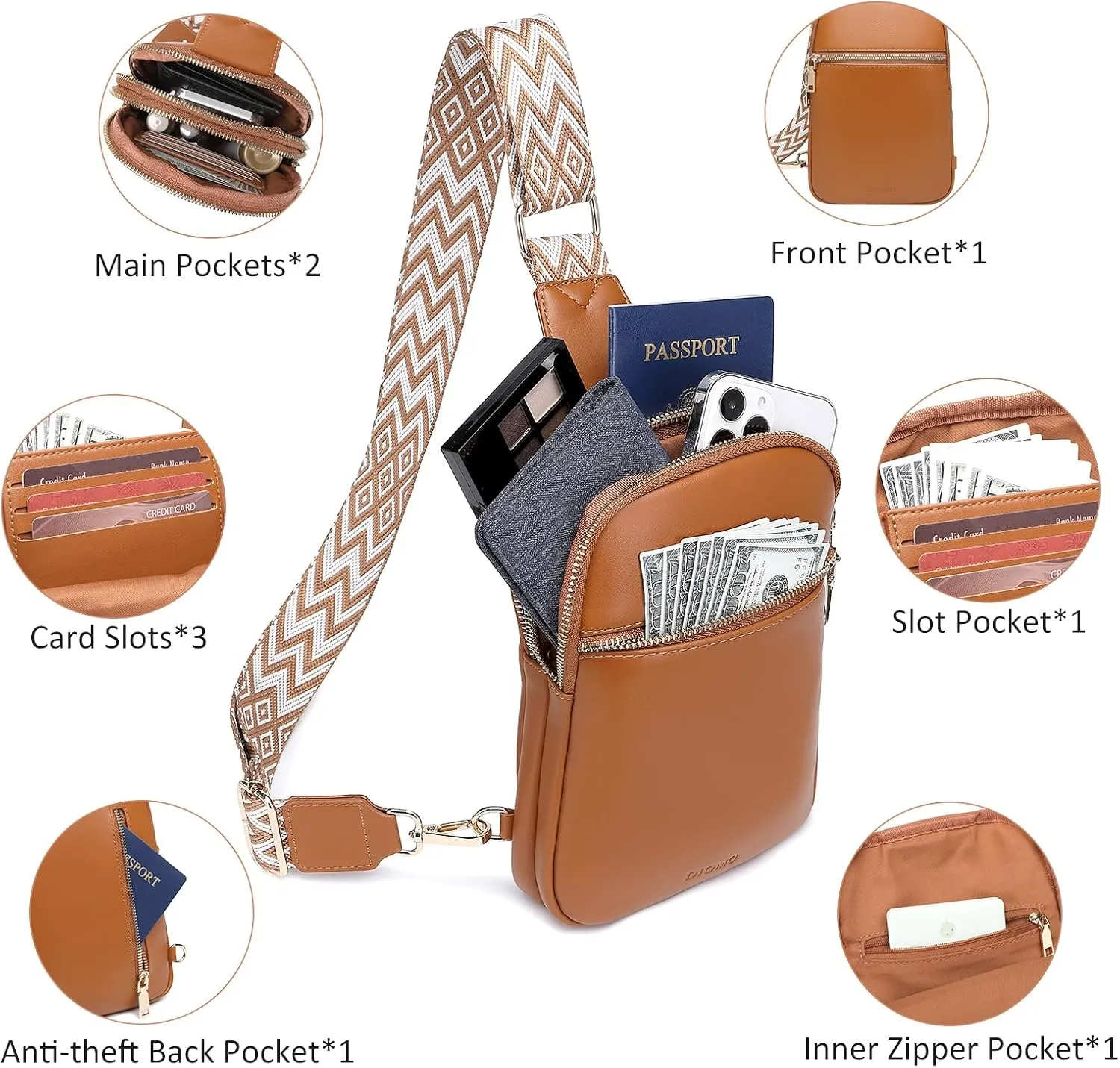 DIOMO Anti Theft Small Sling Bag for Women Cross Body Bag Trendy, RFID Fanny Packs Vegan Leather for Women Travel Belt Purse