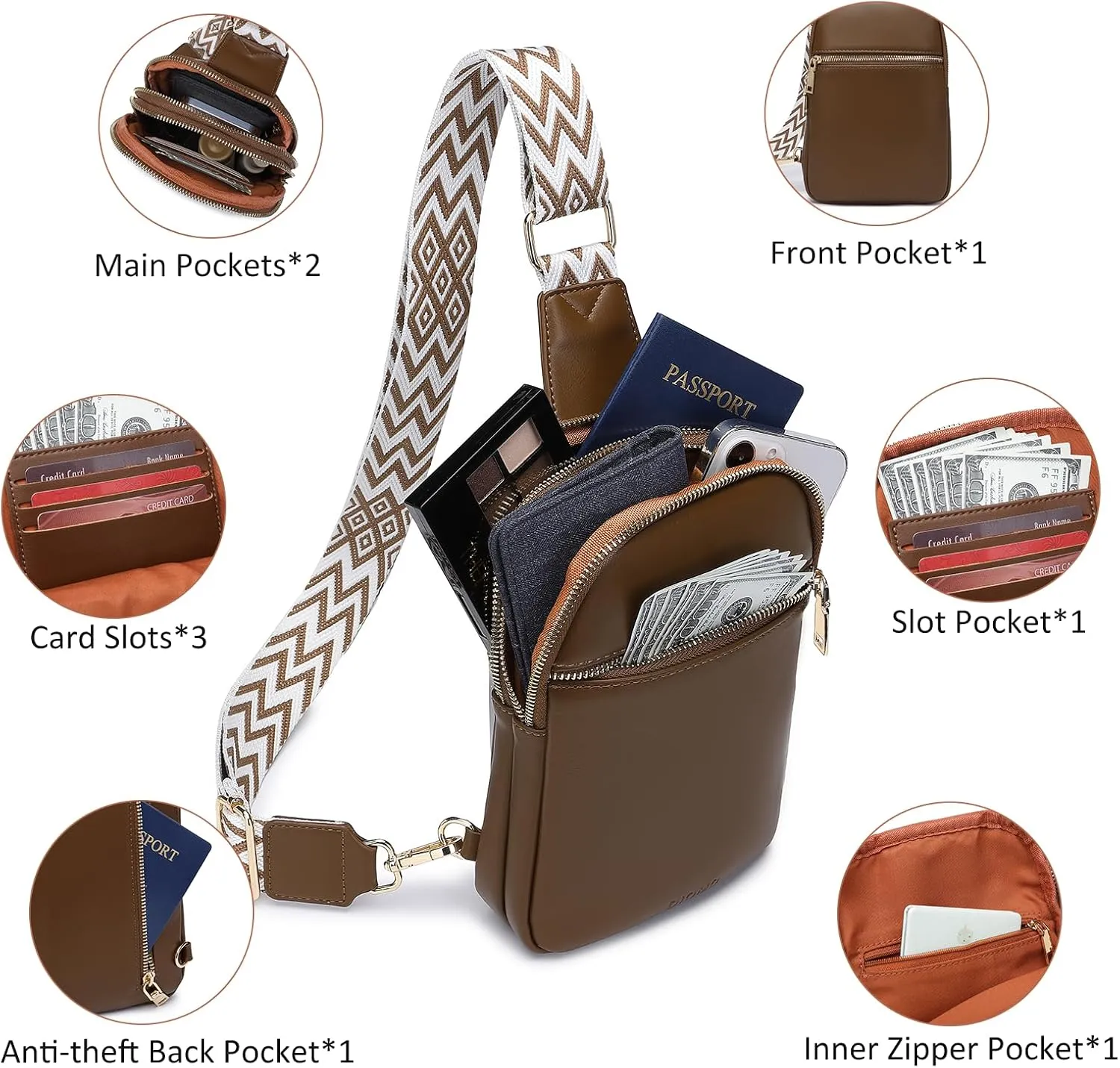 DIOMO Anti Theft Small Sling Bag for Women Cross Body Bag Trendy, RFID Fanny Packs Vegan Leather for Women Travel Belt Purse