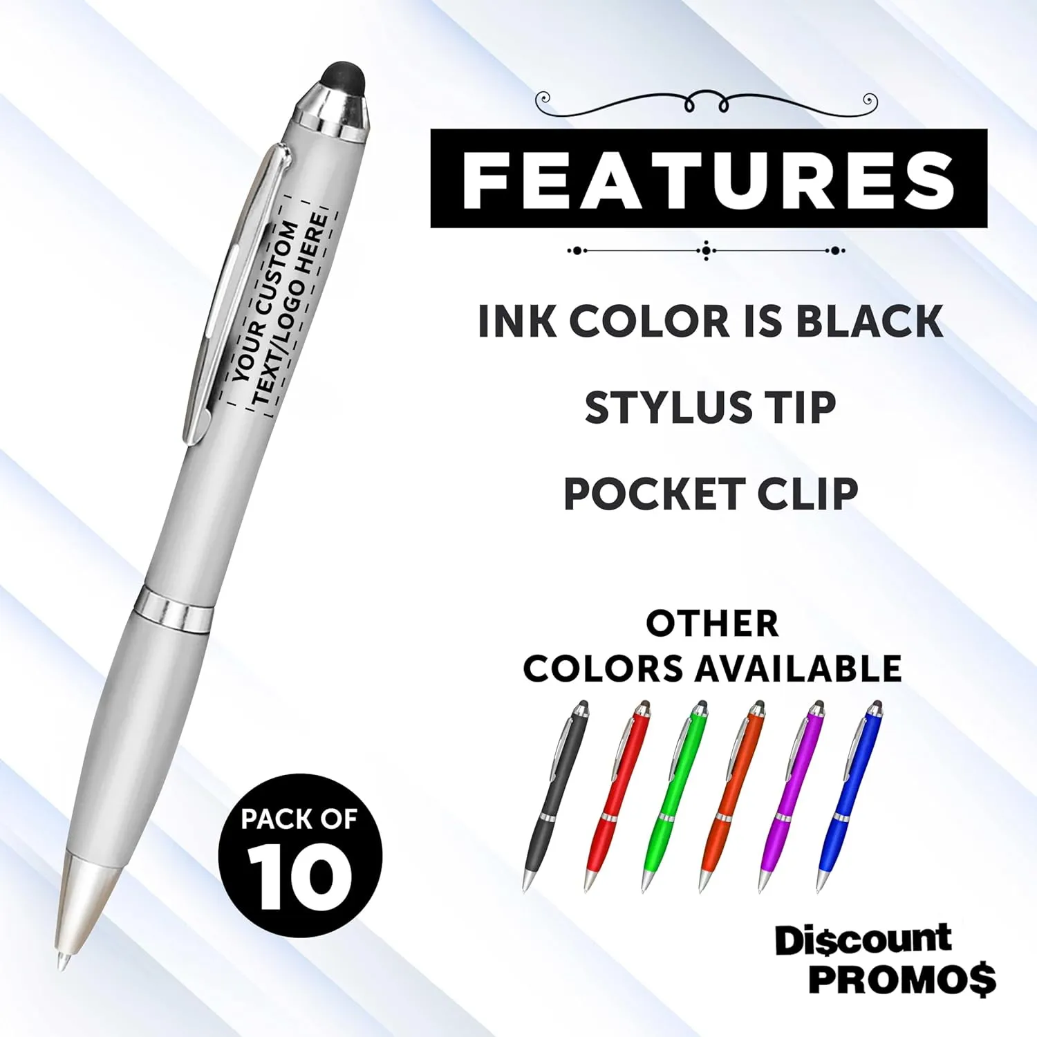 DISCOUNT PROMOS Custom Plastic Stylus Pens Set of 10, Personalized Bulk Pack - Black Ink, Great for Office, School, Business, Tradeshows, Events - Silver