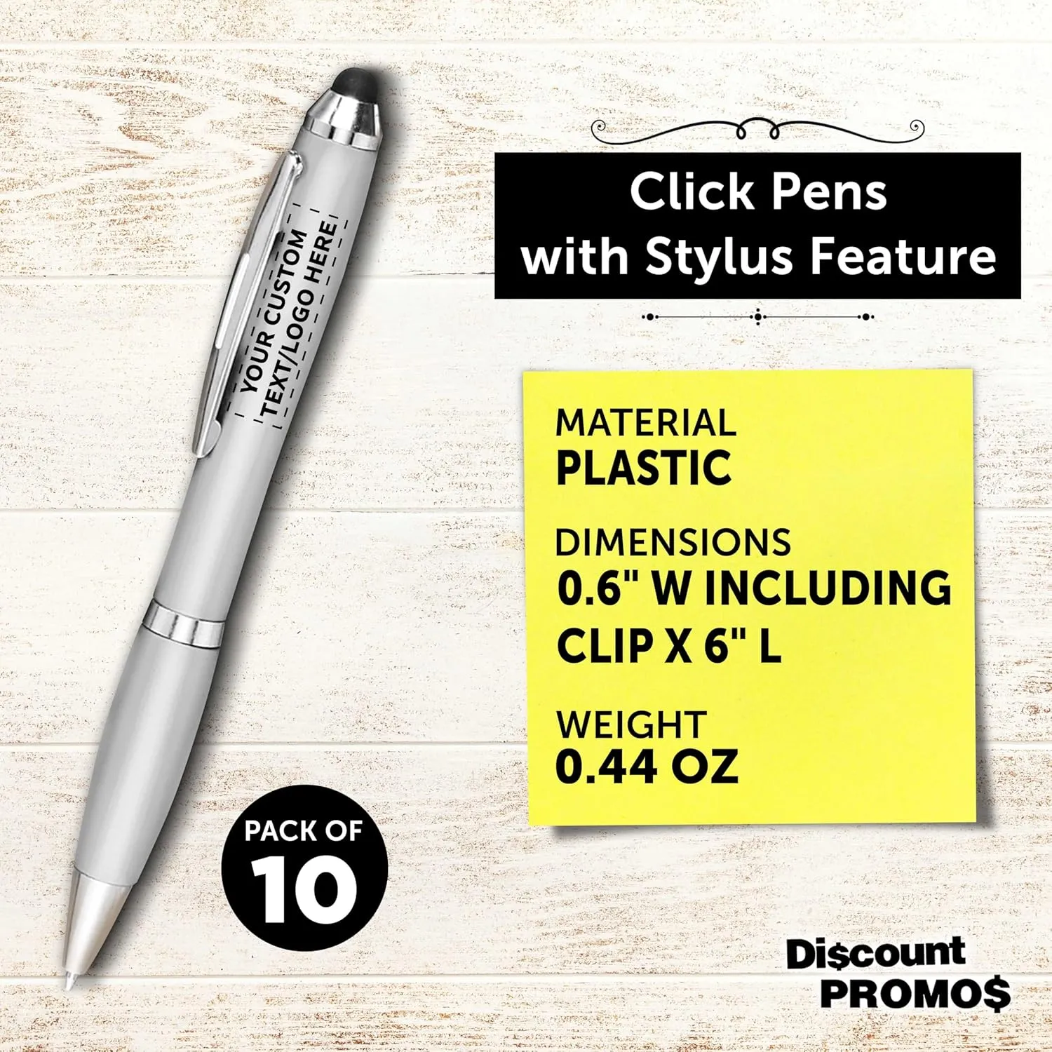 DISCOUNT PROMOS Custom Plastic Stylus Pens Set of 10, Personalized Bulk Pack - Black Ink, Great for Office, School, Business, Tradeshows, Events - Silver