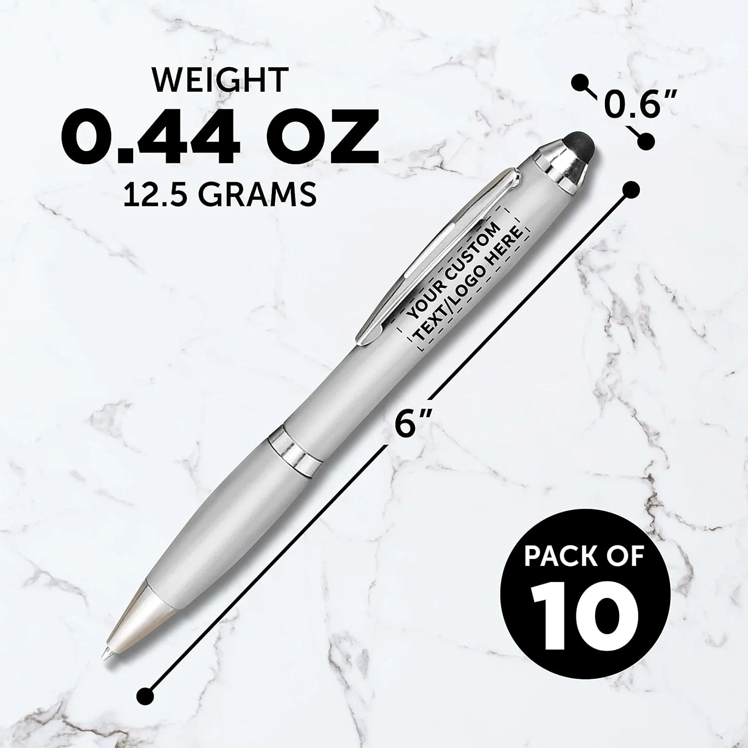 DISCOUNT PROMOS Custom Plastic Stylus Pens Set of 10, Personalized Bulk Pack - Black Ink, Great for Office, School, Business, Tradeshows, Events - Silver
