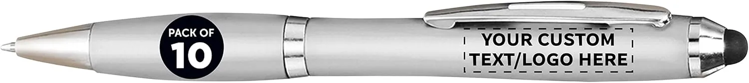 DISCOUNT PROMOS Custom Plastic Stylus Pens Set of 10, Personalized Bulk Pack - Black Ink, Great for Office, School, Business, Tradeshows, Events - Silver