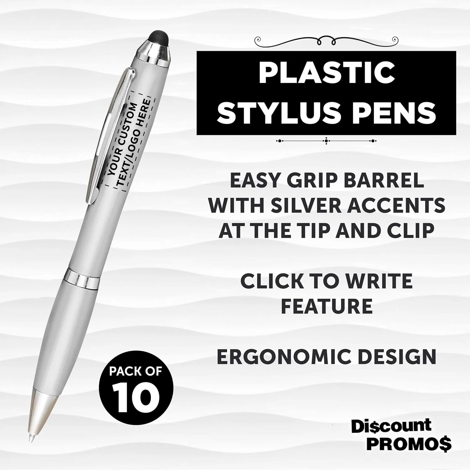DISCOUNT PROMOS Custom Plastic Stylus Pens Set of 10, Personalized Bulk Pack - Black Ink, Great for Office, School, Business, Tradeshows, Events - Silver
