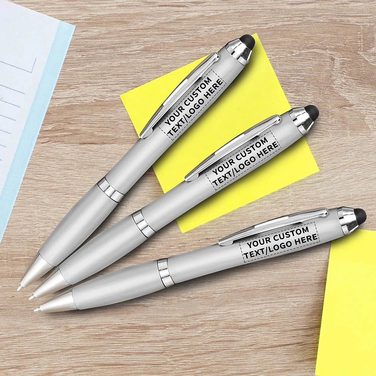 DISCOUNT PROMOS Custom Plastic Stylus Pens Set of 10, Personalized Bulk Pack - Black Ink, Great for Office, School, Business, Tradeshows, Events - Silver
