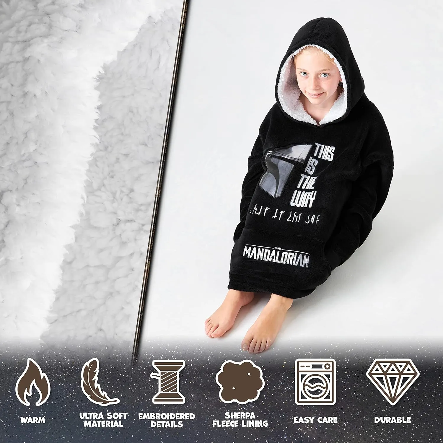 Disney The Mandalorian Blanket Hoodie for Boys Teens, Baby Yoda Fleece Wearable Blanket (Black)