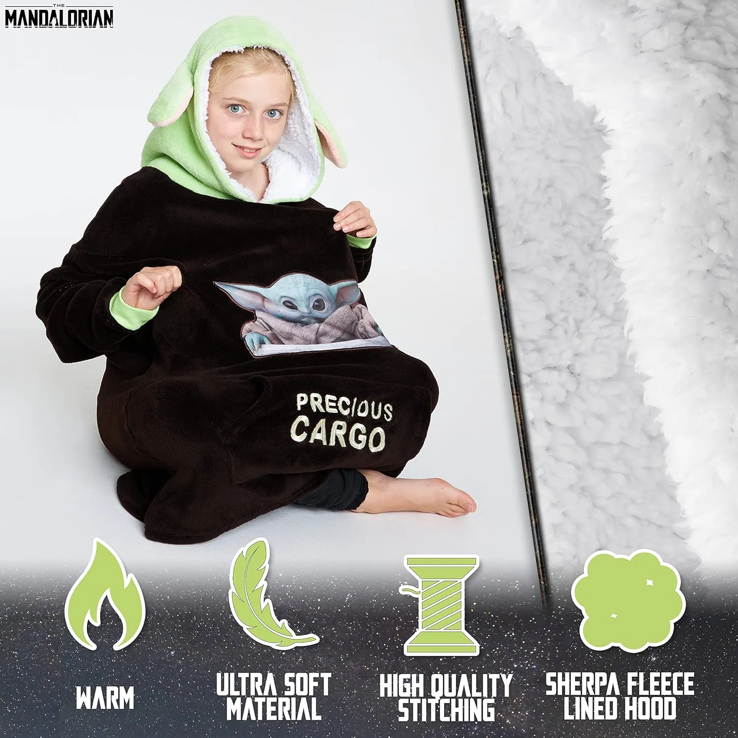 Disney The Mandalorian Blanket Hoodie for Boys Teens, Baby Yoda Fleece Wearable Blanket (Brown/Green)
