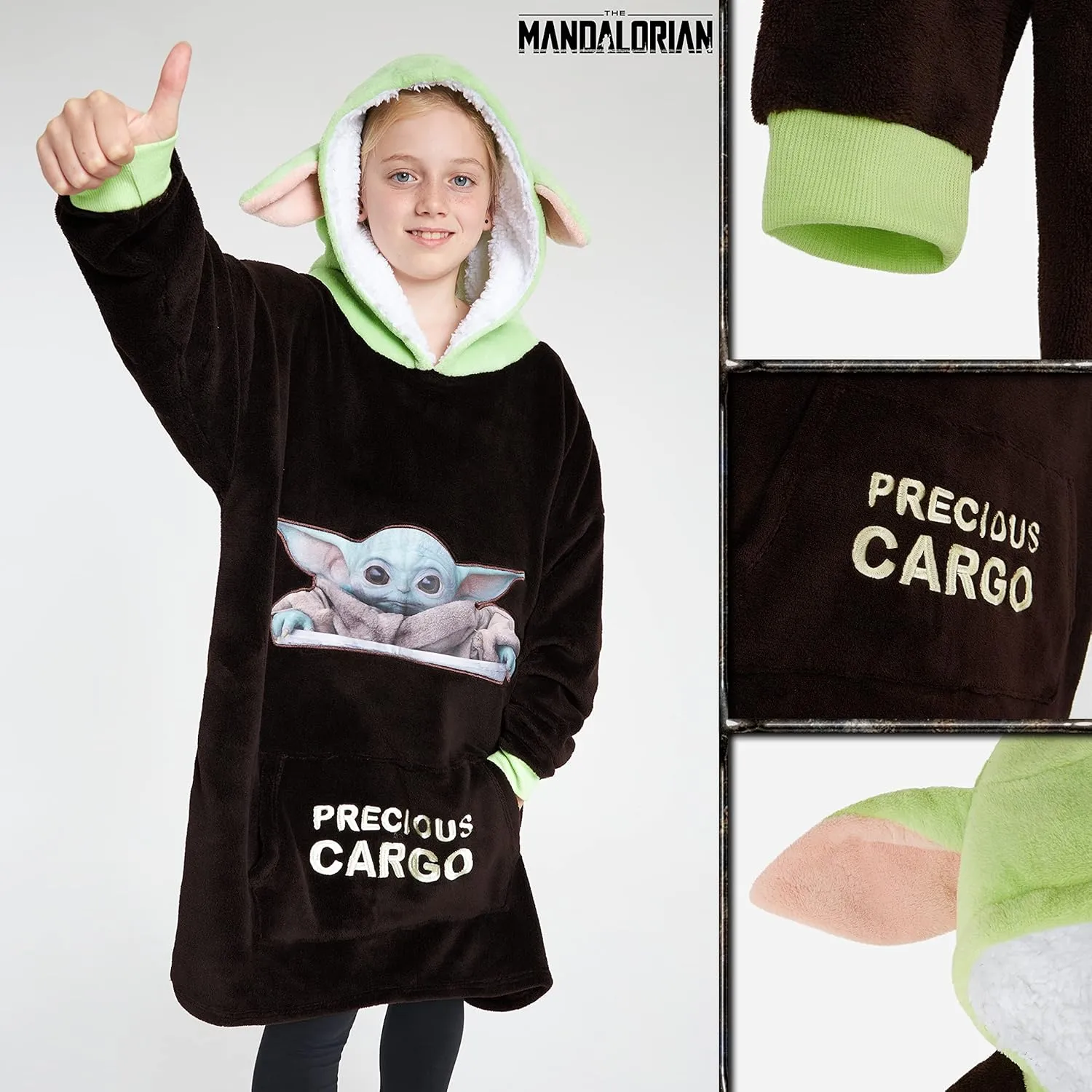 Disney The Mandalorian Blanket Hoodie for Boys Teens, Baby Yoda Fleece Wearable Blanket (Brown/Green)