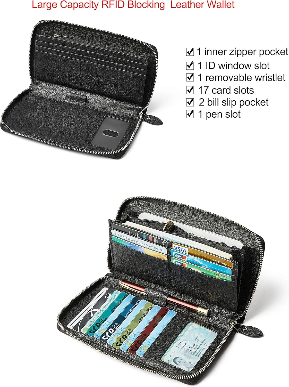 DORIS&JACKY Women Leather Wallet Rfid Blocking Large Capacity Zipper Around Travel Wristlet Bags