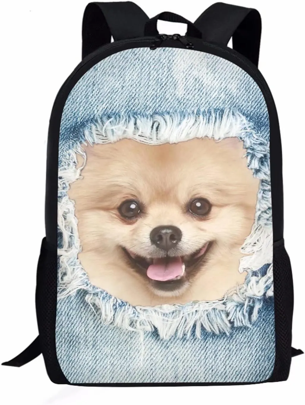 Dreaweet 3D Denim Pomeranian Backpacks for Kids Cute School Bags with Side Pocket Design Toddler Children Bookbag Teen Rucksack Travel Holiday Satchel