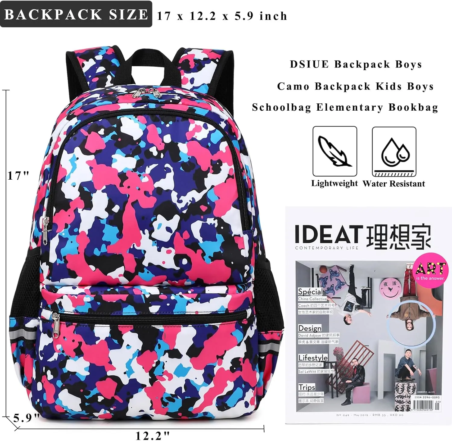 DSIUE Kids Backpack for School Boys Girls Backpacks Camo Bookbag for Elementary Middle School Bags with Lunch Box