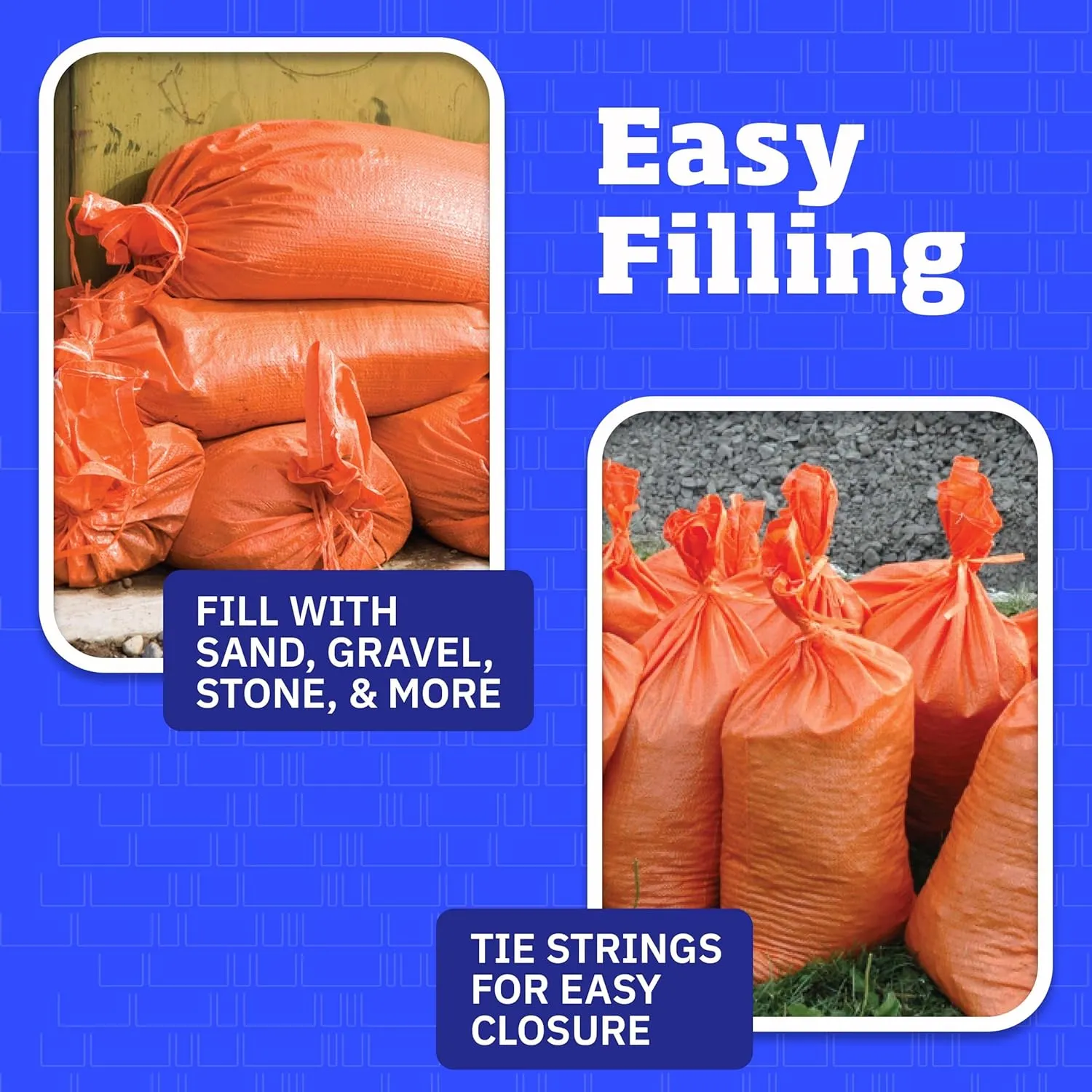 DURASACK Heavy Duty Sand Bags with Tie Strings Empty Woven Polypropylene Sand-Bags for Flood Control with 1600 Hours of UV Protection, 50 lbs Capacity, 14x26 inches, Orange, Pack of 50