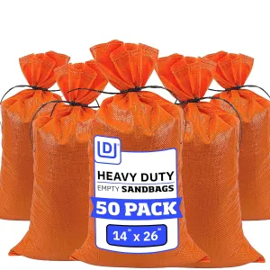 DURASACK Heavy Duty Sand Bags with Tie Strings Empty Woven Polypropylene Sand-Bags for Flood Control with 1600 Hours of UV Protection, 50 lbs Capacity, 14x26 inches, Orange, Pack of 50