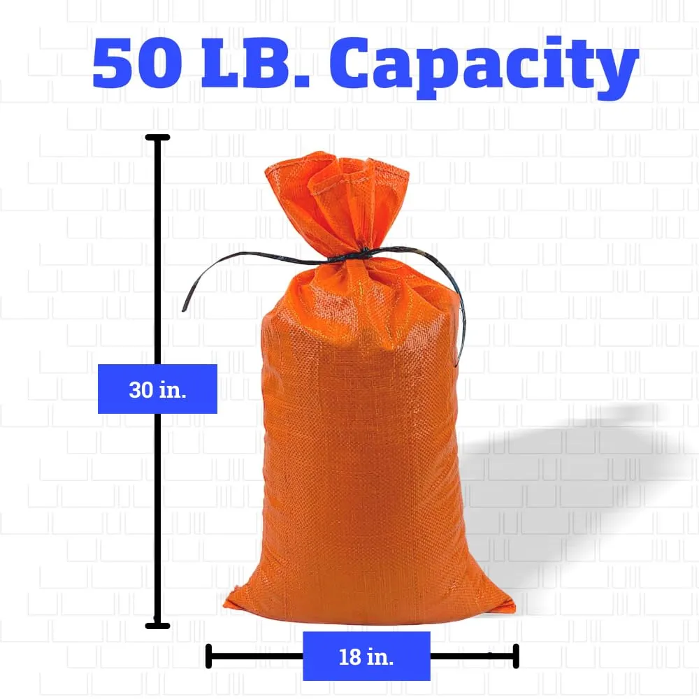 DURASACK Large Heavy Duty Sand Bags with Tie Strings Empty Woven Polypropylene Sandbags for Flood Control with 1600 Hours of UV Protection, 50 lbs Capacity, 18x30 inches, Orange, 20 Count