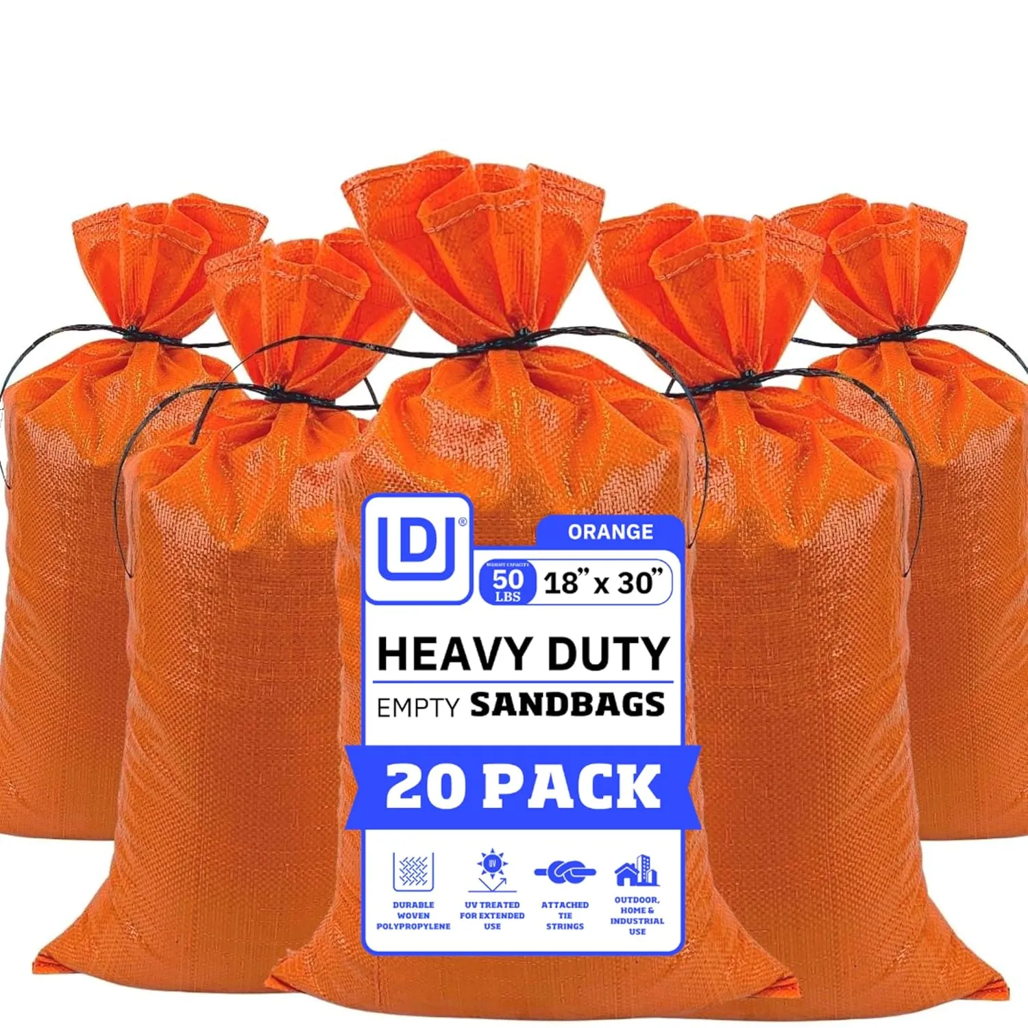DURASACK Large Heavy Duty Sand Bags with Tie Strings Empty Woven Polypropylene Sandbags for Flood Control with 1600 Hours of UV Protection, 50 lbs Capacity, 18x30 inches, Orange, 20 Count