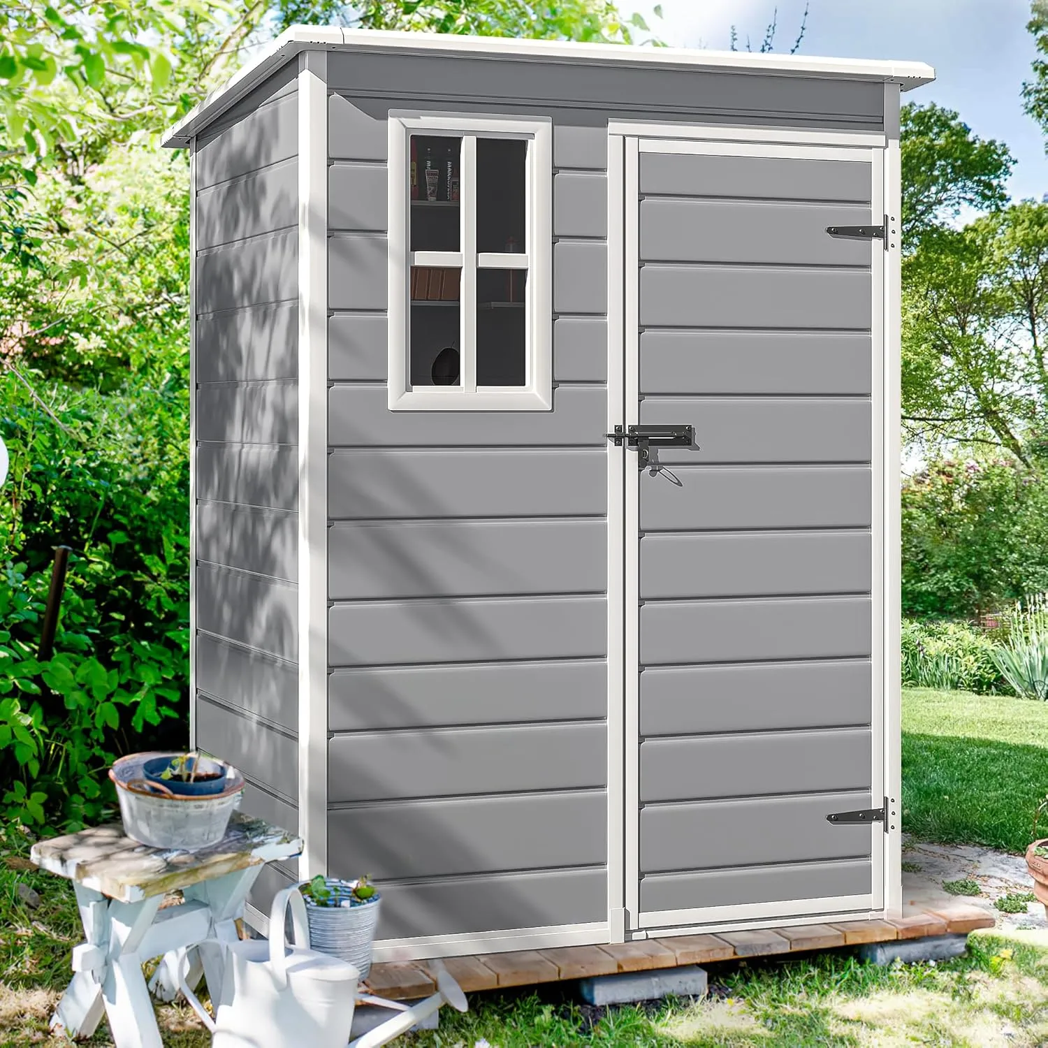 DWVO 5x3 FT Outdoor Storage Shed with Reinforced Floor, All-Weather Resin Storage Shed with Lockable Door & Window, Waterproof Plastic Tool Storage for Garden, Backyard, Patio, Lawn