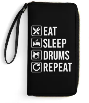 EAT Sleep Drum Repeat Women’s Wallet Zippered Long Clutch Purse Leather Handbag with Wristlet Strap