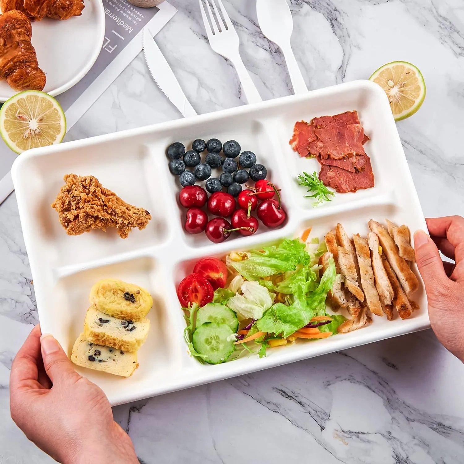 ECOLipak 100% Compostable 5 Compartment Plates, 100 Pack Disposable Compartment Paper Plates, 12.5 * 8.6 inch Biodegradable Sugarcane Plates, Eco-Friendly School Lunch Trays