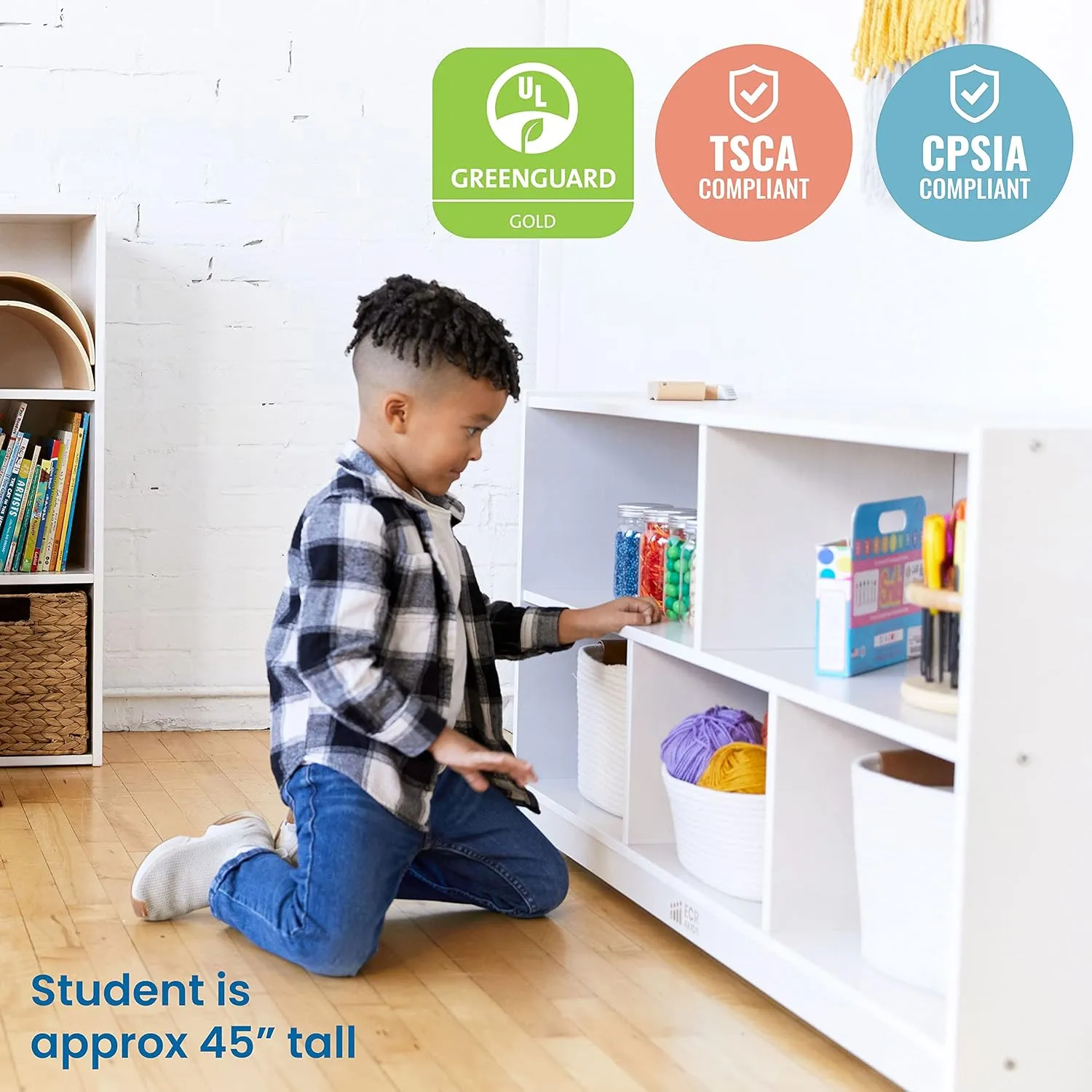 ECR4Kids 5-Compartment Mobile Storage Cabinet, 24in, Classroom Furniture, White Wash