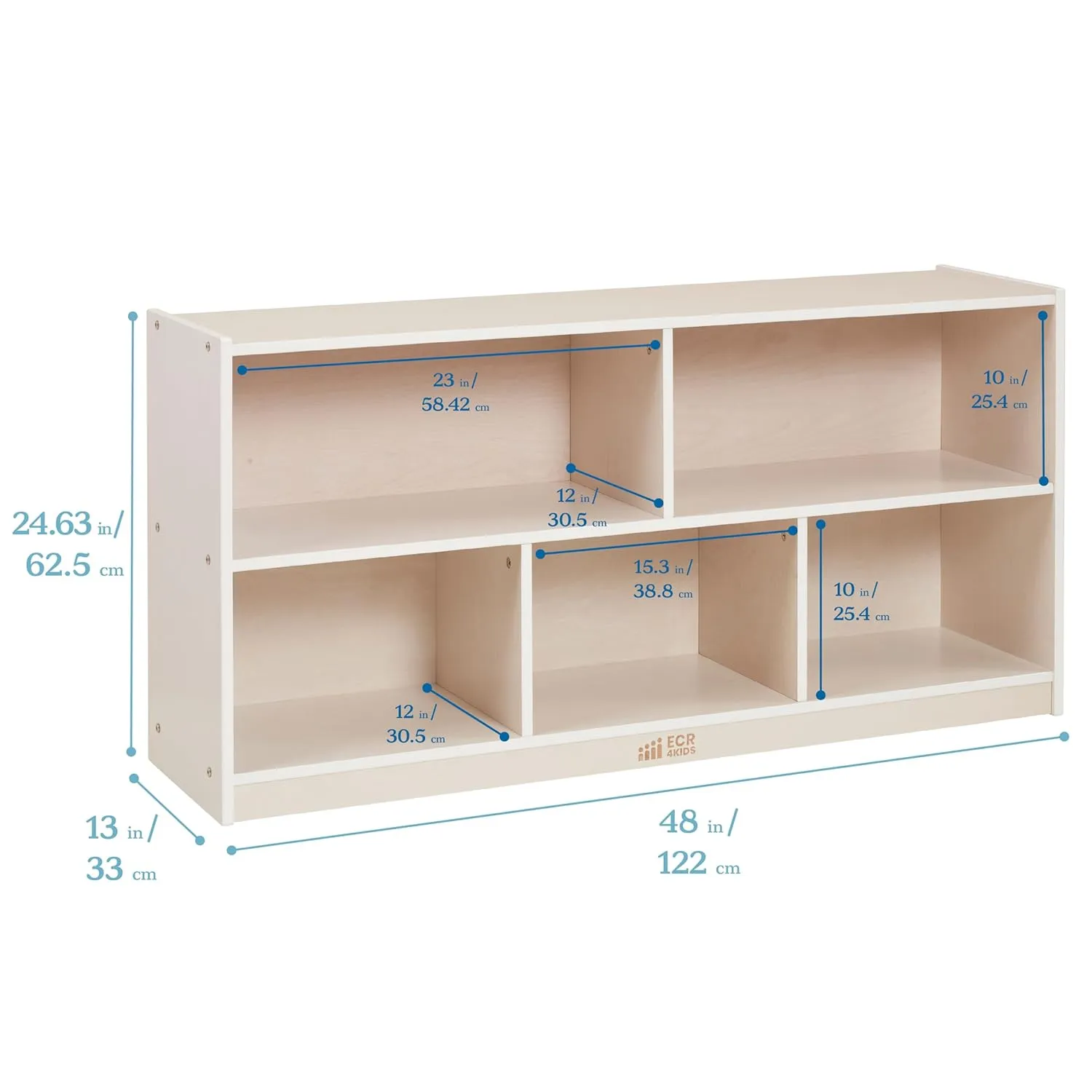 ECR4Kids 5-Compartment Mobile Storage Cabinet, 24in, Classroom Furniture, White Wash