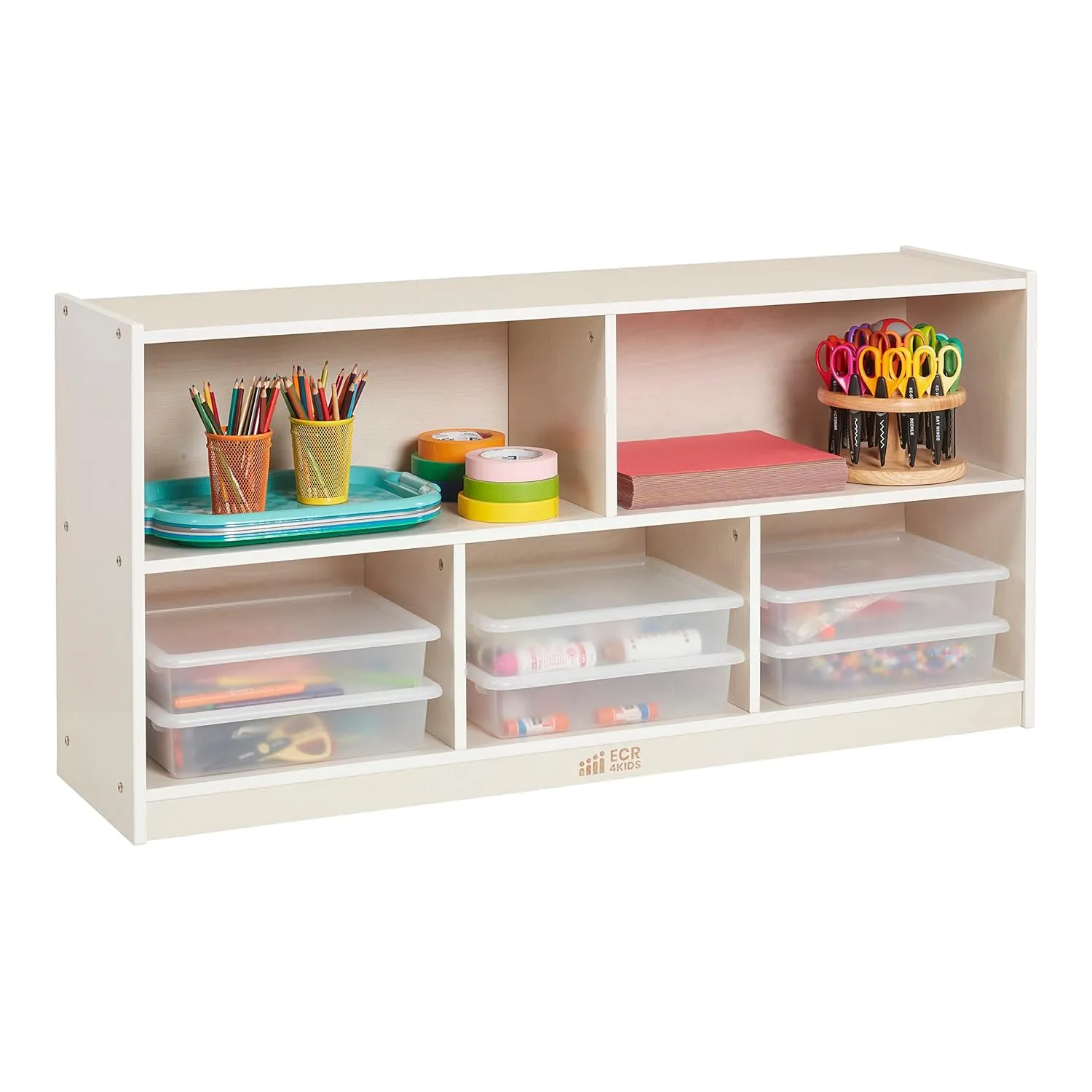 ECR4Kids 5-Compartment Mobile Storage Cabinet, 24in, Classroom Furniture, White Wash