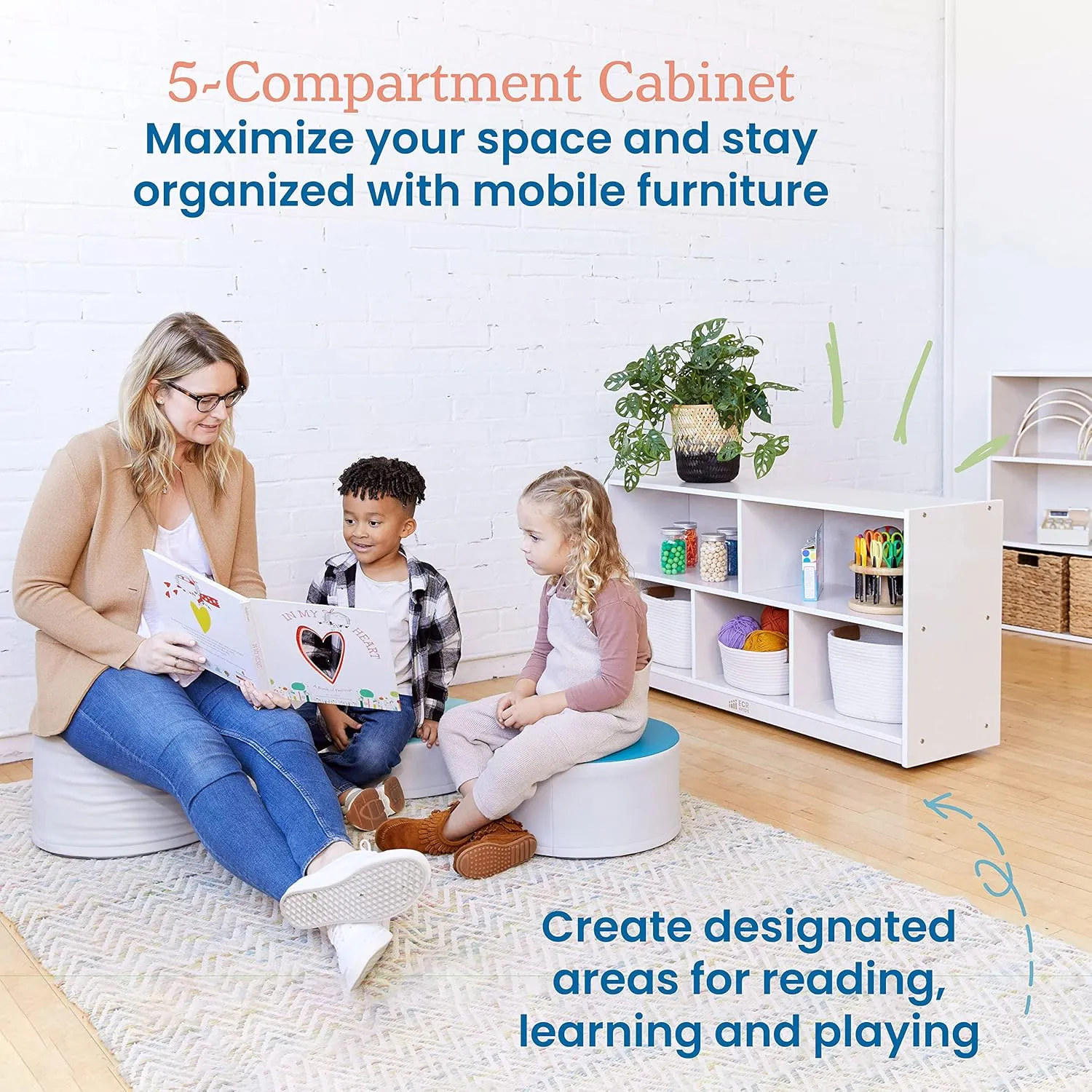 ECR4Kids 5-Compartment Mobile Storage Cabinet, 24in, Classroom Furniture, White Wash