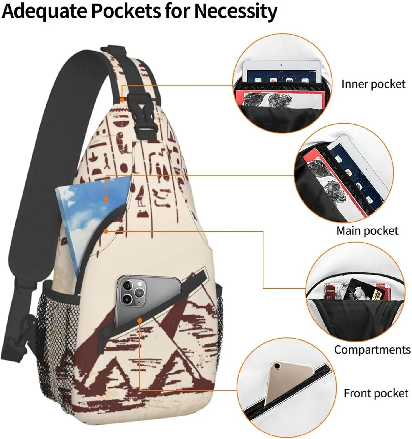 Egyptian Sling Backpack Chest Bag Crossbody Shoulder Bag Gym Cycling Travel Hiking Daypack For Men Women