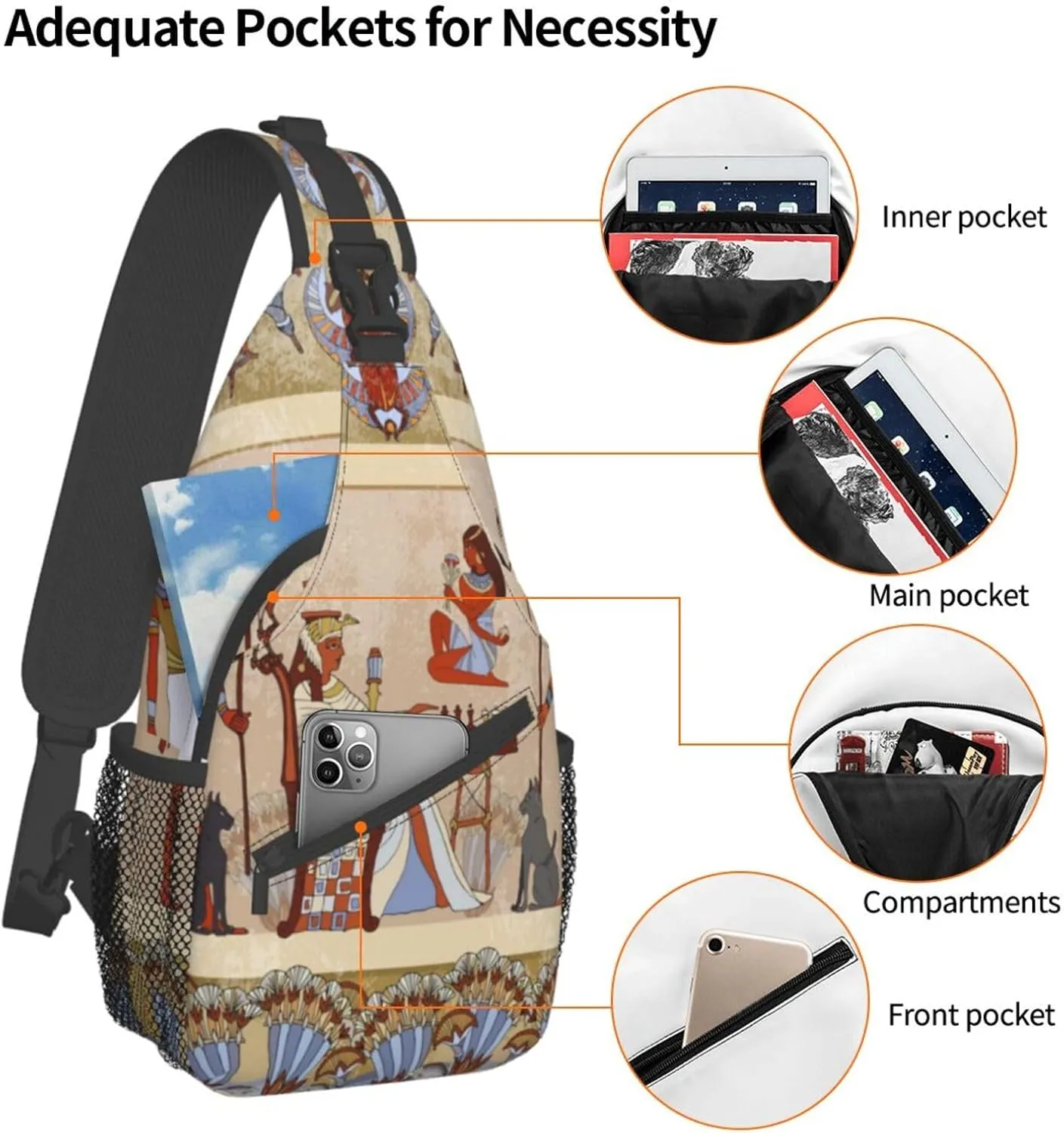 Egyptian Sling Backpack Chest Bag Crossbody Shoulder Bag Gym Cycling Travel Hiking Daypack For Men Women