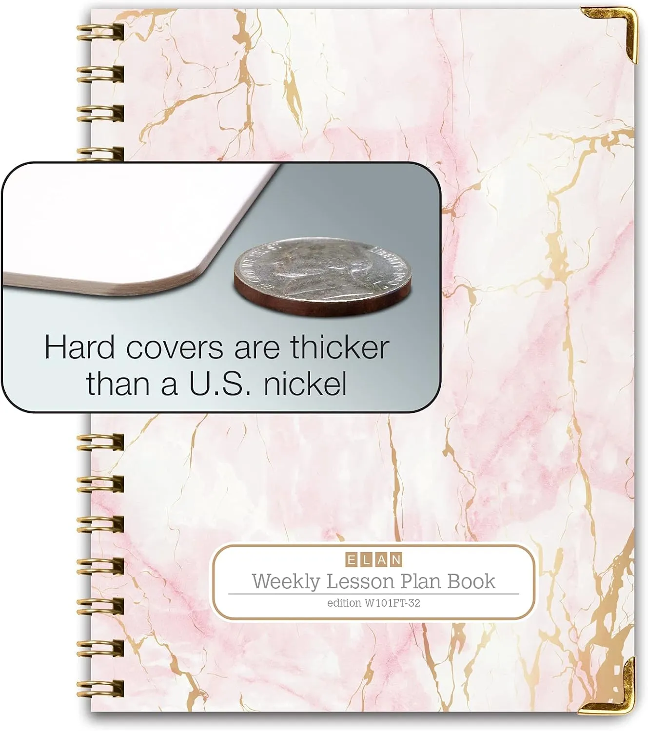 Elan Publishing Company HARDCOVER 7 Period Teacher Lesson Planner - Days Horizontally Across The Top with Bonus Clip-in Bookmark (Pink Marble)