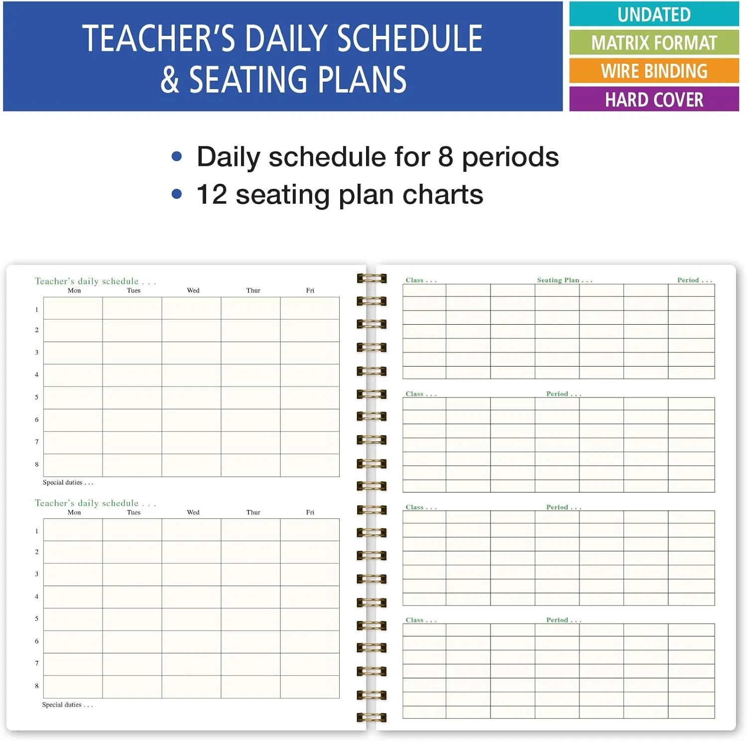 Elan Publishing Company HARDCOVER 7 Period Teacher Lesson Planner - Days Horizontally Across The Top with Bonus Clip-in Bookmark (Pink Marble)
