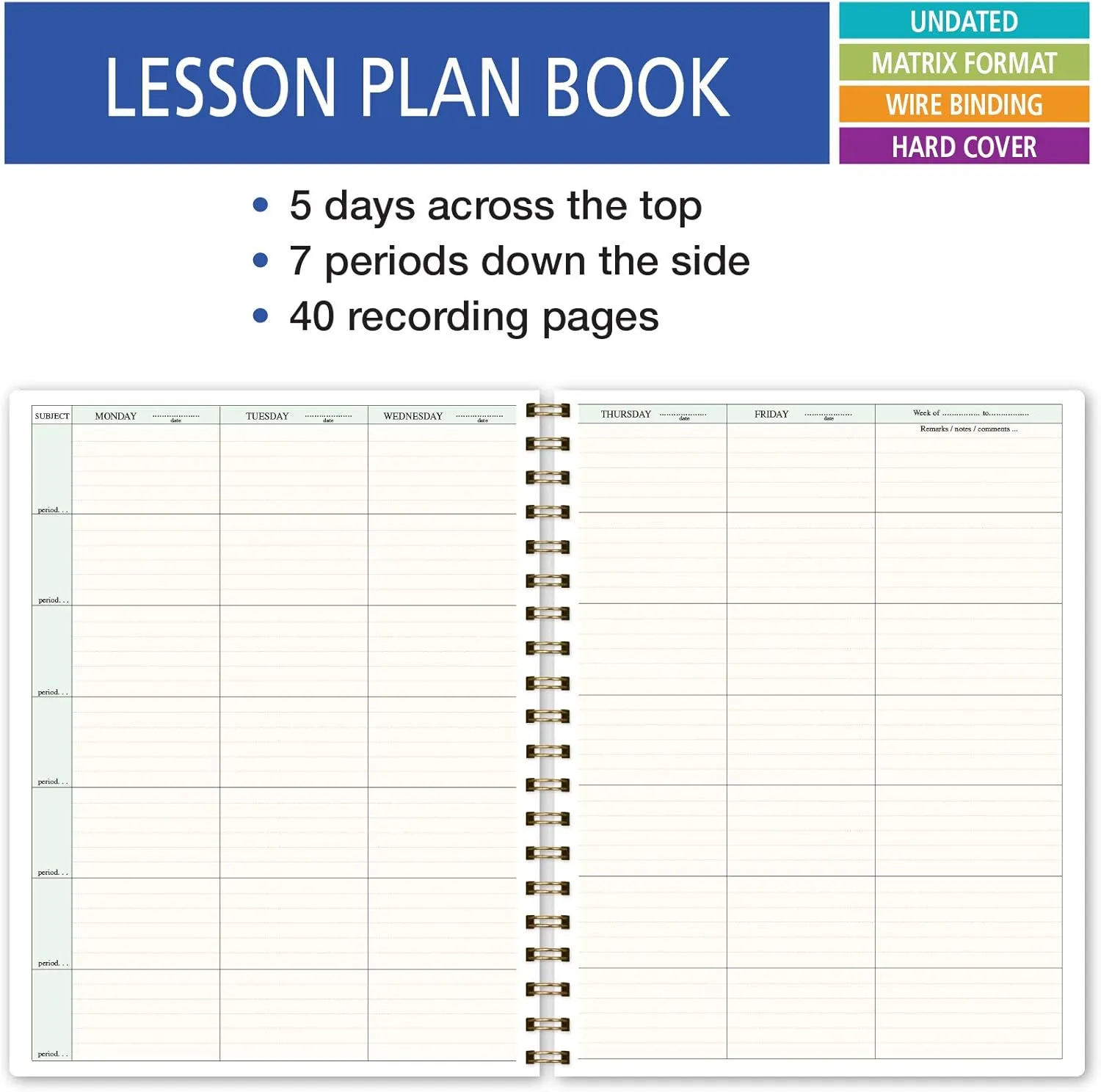 Elan Publishing Company HARDCOVER 7 Period Teacher Lesson Planner - Days Horizontally Across The Top with Bonus Clip-in Bookmark (Pink Marble)