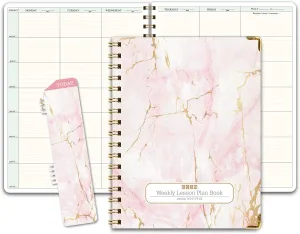 Elan Publishing Company HARDCOVER 7 Period Teacher Lesson Planner - Days Horizontally Across The Top with Bonus Clip-in Bookmark (Pink Marble)