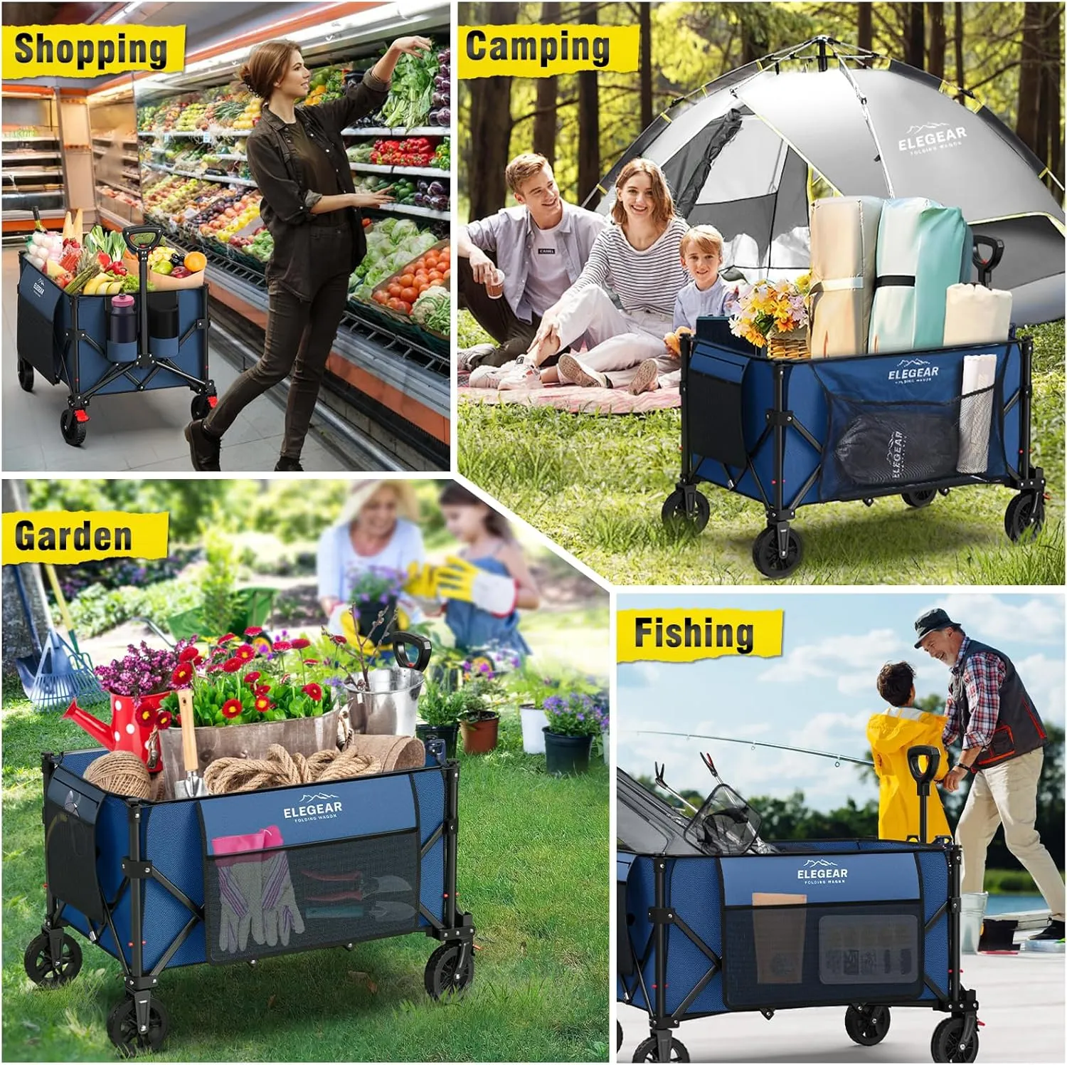 Elegear Wagon Cart Foldable Collapsible 150L 330LBS - Heavy Duty Large Capacity Utility Beach Wagon with 360° All-Terrain Wheels & Smallest Folding Design for Camping Garden Grocery Sports - Blue