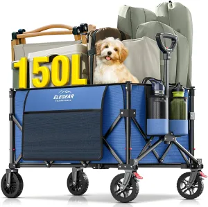Elegear Wagon Cart Foldable Collapsible 150L 330LBS - Heavy Duty Large Capacity Utility Beach Wagon with 360° All-Terrain Wheels & Smallest Folding Design for Camping Garden Grocery Sports - Blue