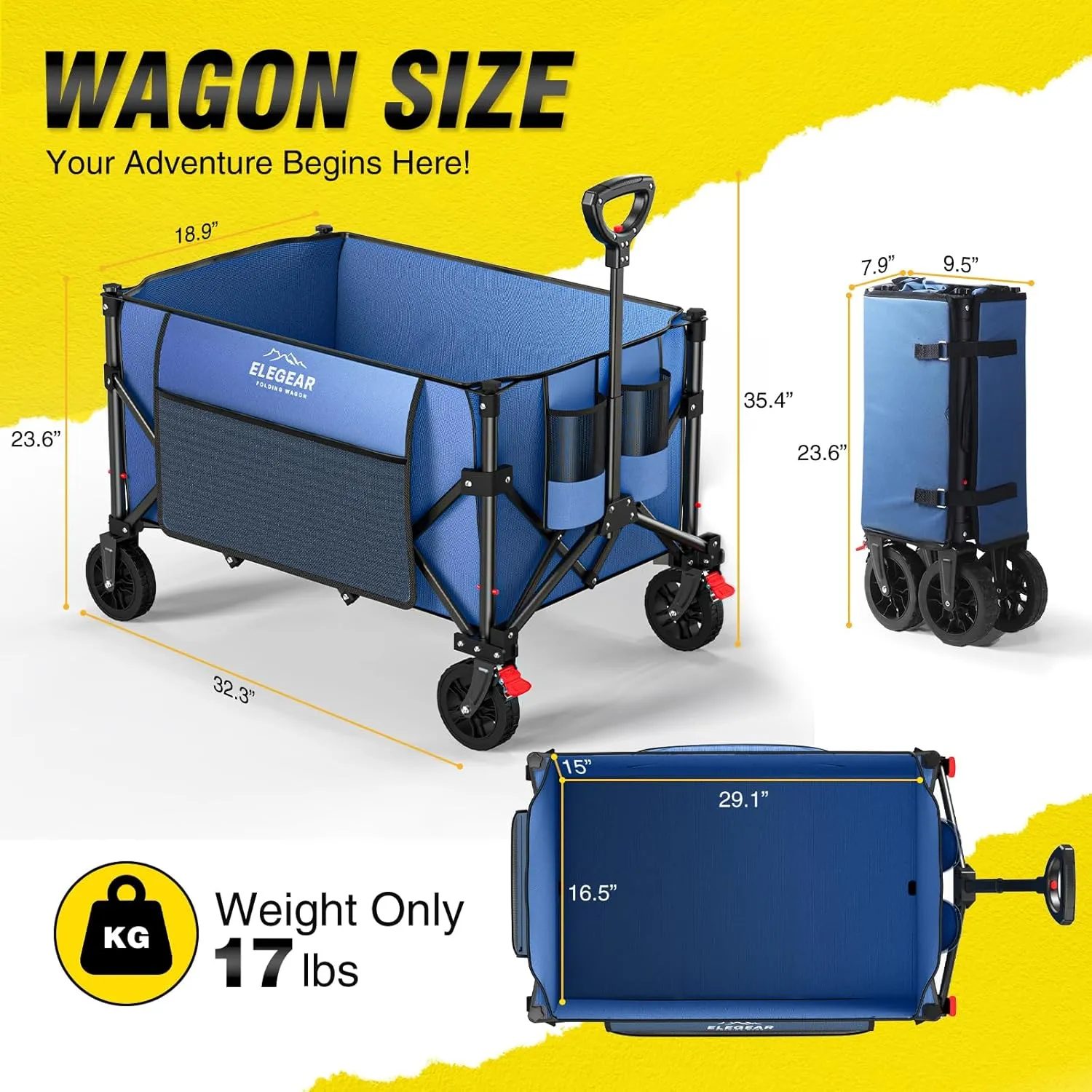 Elegear Wagon Cart Foldable Collapsible 150L 330LBS - Heavy Duty Large Capacity Utility Beach Wagon with 360° All-Terrain Wheels & Smallest Folding Design for Camping Garden Grocery Sports - Blue
