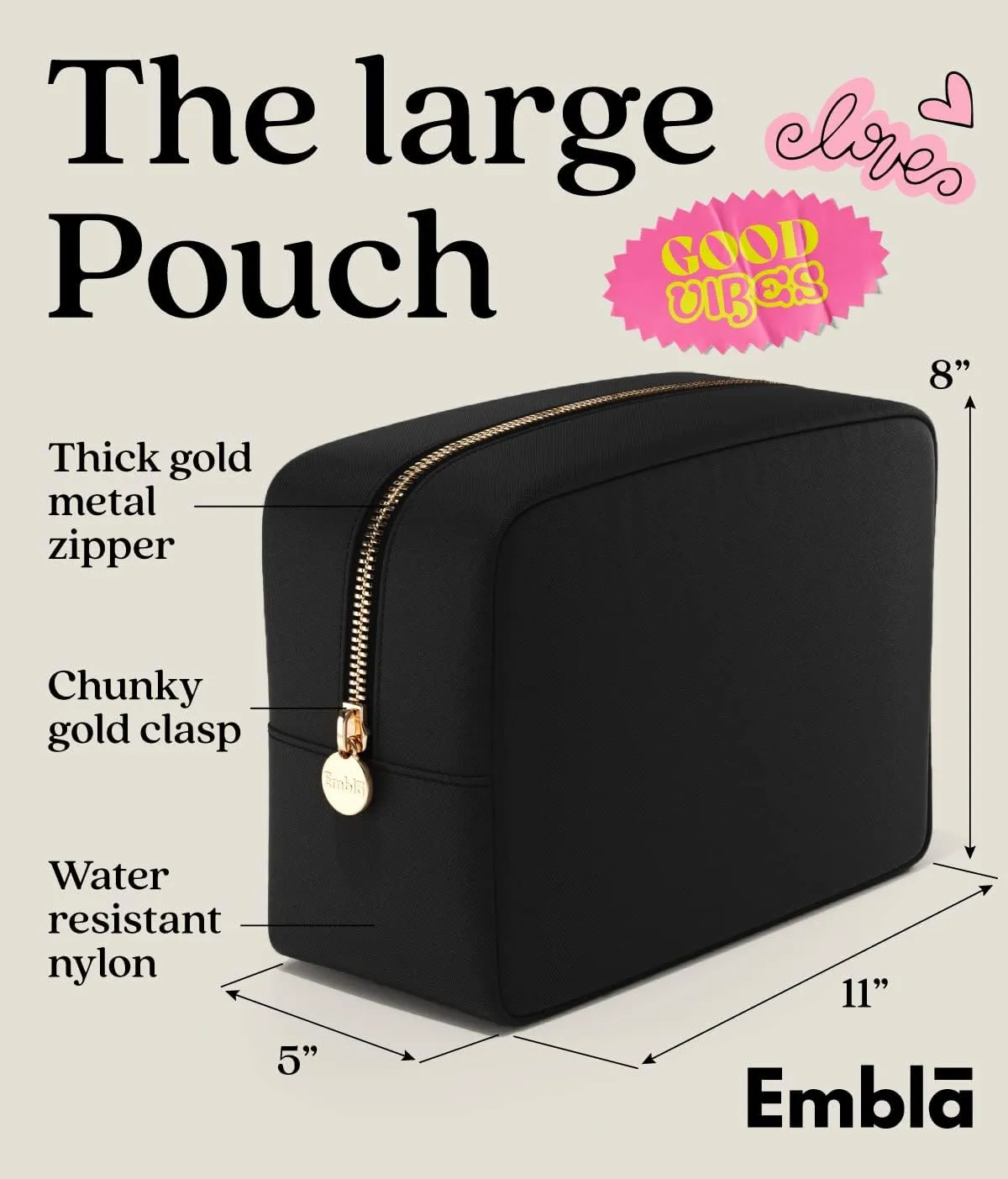 Embla Makeup Bag Travel Cosmetics Pouch and Toiletry Bag, Nylon Zipper Pouch Purse, Cute Make Up Organizer Storage Tote for Women Girls, Waterproof Travel Skincare Case, Large Makeup Bags, Black