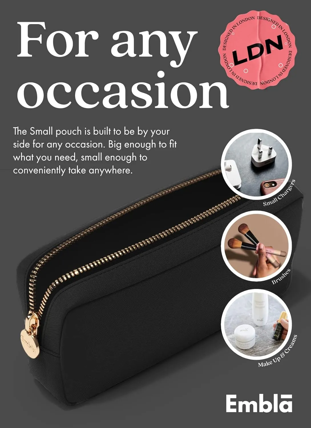Embla Makeup Bag Travel Cosmetics Pouch and Toiletry Bag, Nylon Zipper Pouch Purse, Cute Make Up Organizer Storage Tote for Women Girls, Waterproof Travel Skincare Case, Small Makeup Bags, Black