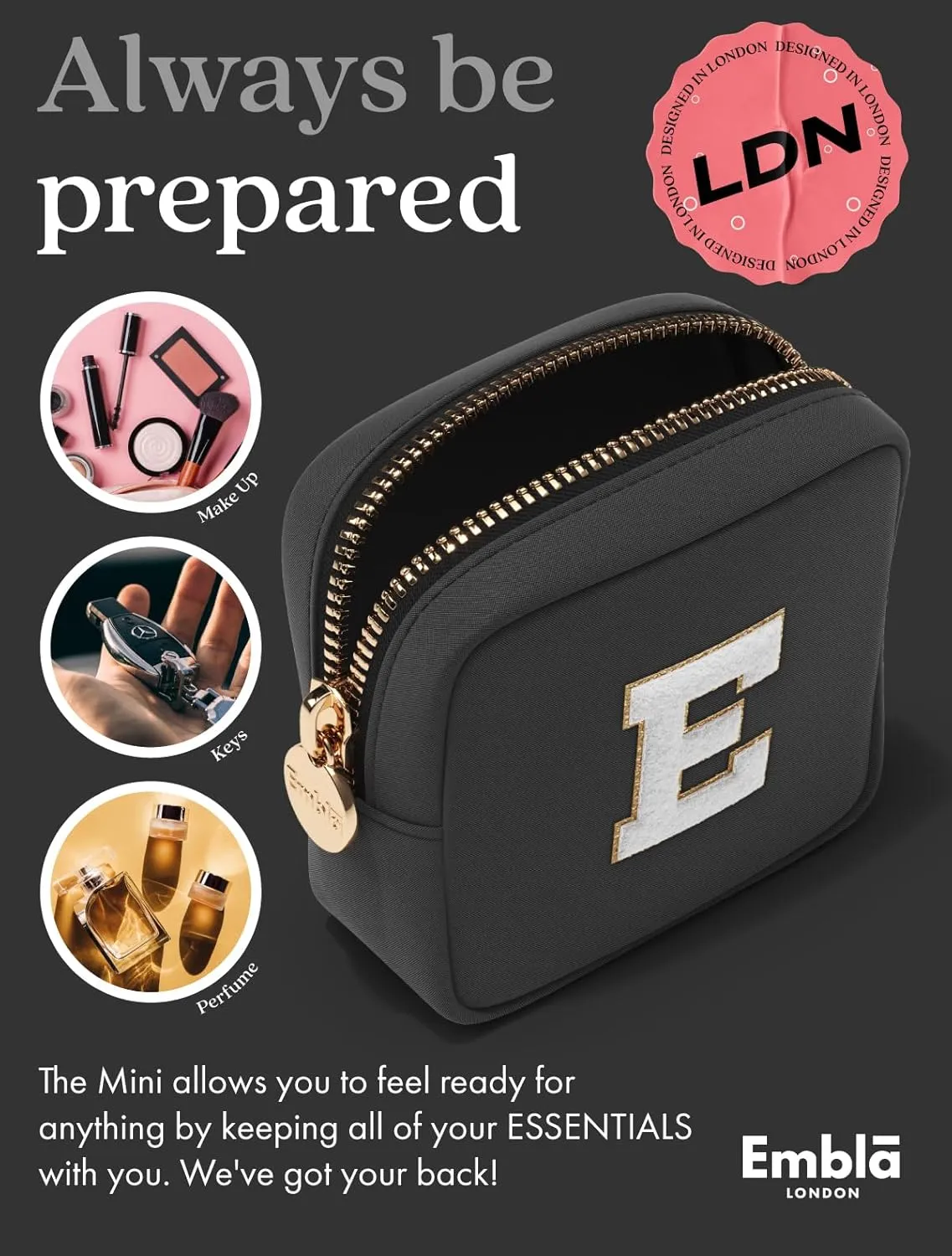 Embla Preppy Makeup Bag Travel Cosmetic Pouch, Cute Make up Case with Personalized Initial, Girls Zipper Pouch Purse Cosmetics Organizer Tote, Waterproof Travel Skincare Makeup Bag, Black (Letter A)