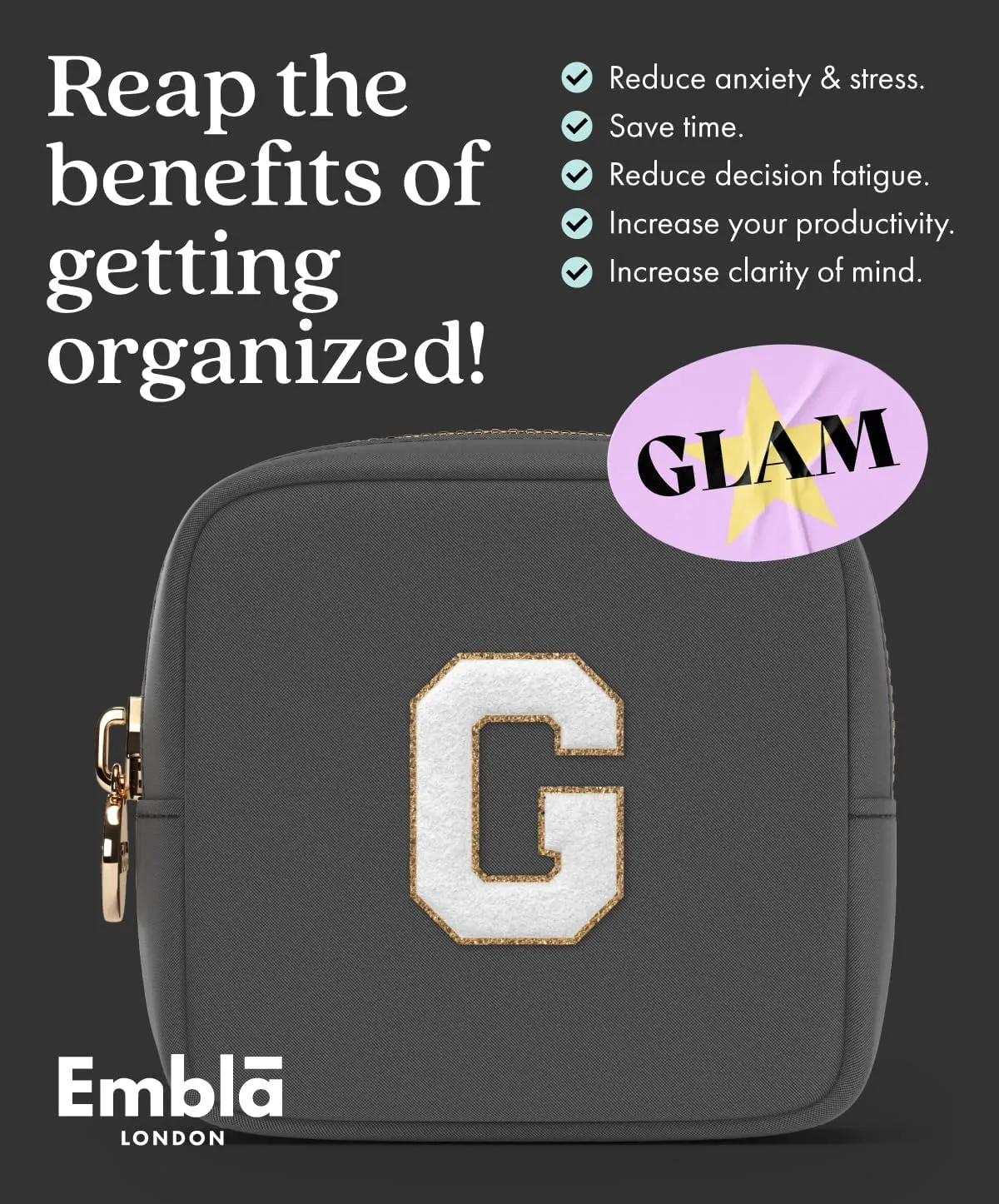 Embla Preppy Makeup Bag Travel Cosmetic Pouch, Cute Make up Case with Personalized Initial, Girls Zipper Pouch Purse Cosmetics Organizer Tote, Waterproof Travel Skincare Makeup Bag, Black (Letter A)