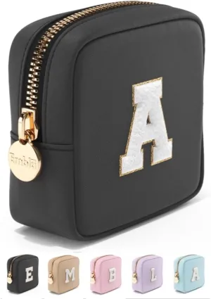 Embla Preppy Makeup Bag Travel Cosmetic Pouch, Cute Make up Case with Personalized Initial, Girls Zipper Pouch Purse Cosmetics Organizer Tote, Waterproof Travel Skincare Makeup Bag, Black (Letter A)