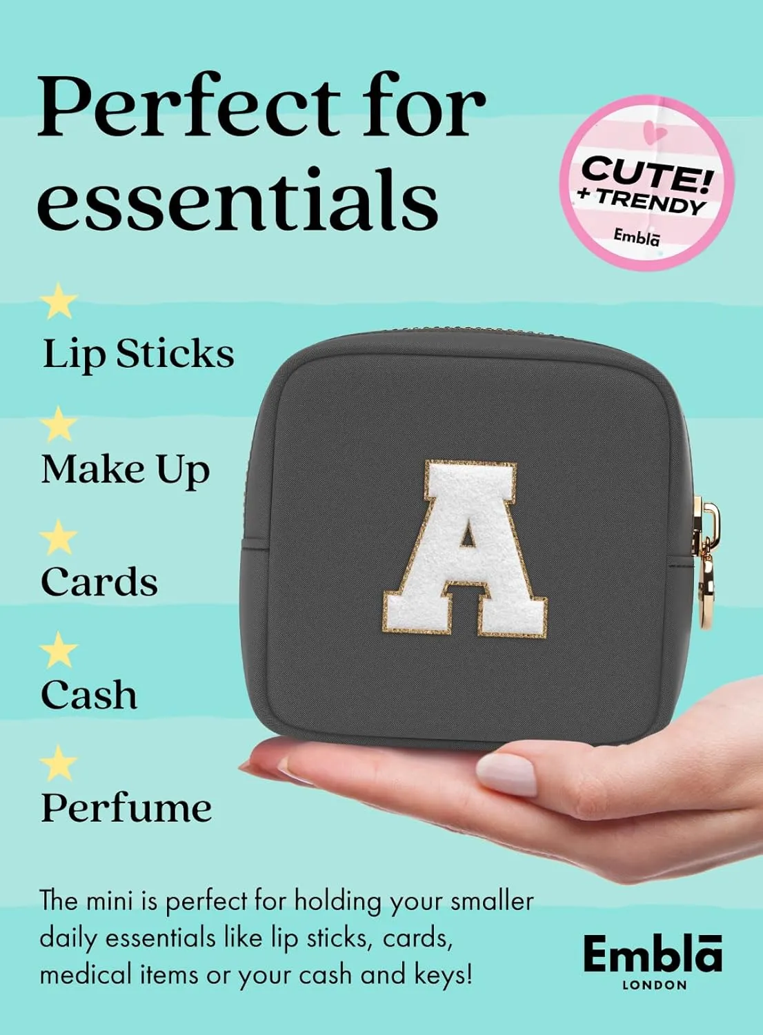 Embla Preppy Makeup Bag Travel Cosmetic Pouch, Cute Make up Case with Personalized Initial, Girls Zipper Pouch Purse Cosmetics Organizer Tote, Waterproof Travel Skincare Makeup Bag, Black (Letter A)