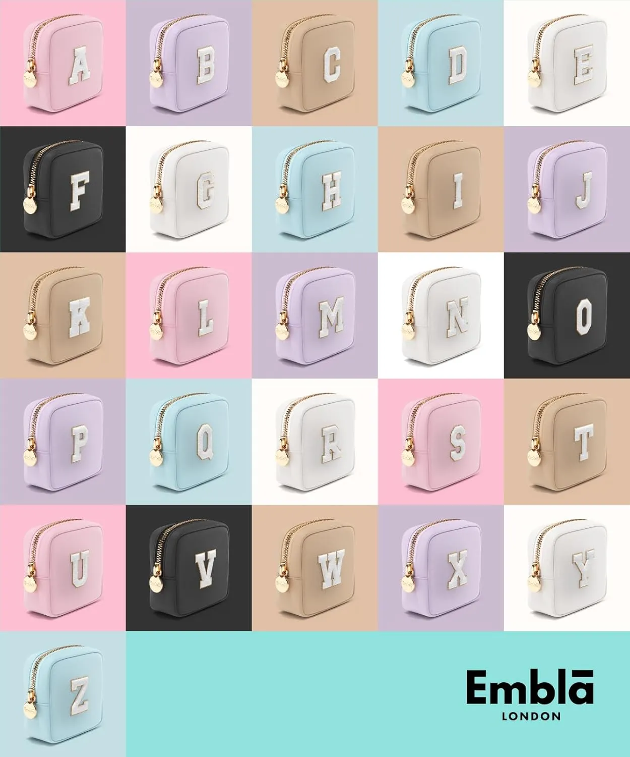 Embla Preppy Makeup Bag Travel Cosmetic Pouch, Cute Make up Case with Personalized Initial, Girls Zipper Pouch Purse Cosmetics Organizer Tote, Waterproof Travel Skincare Makeup Bag, Black (Letter A)