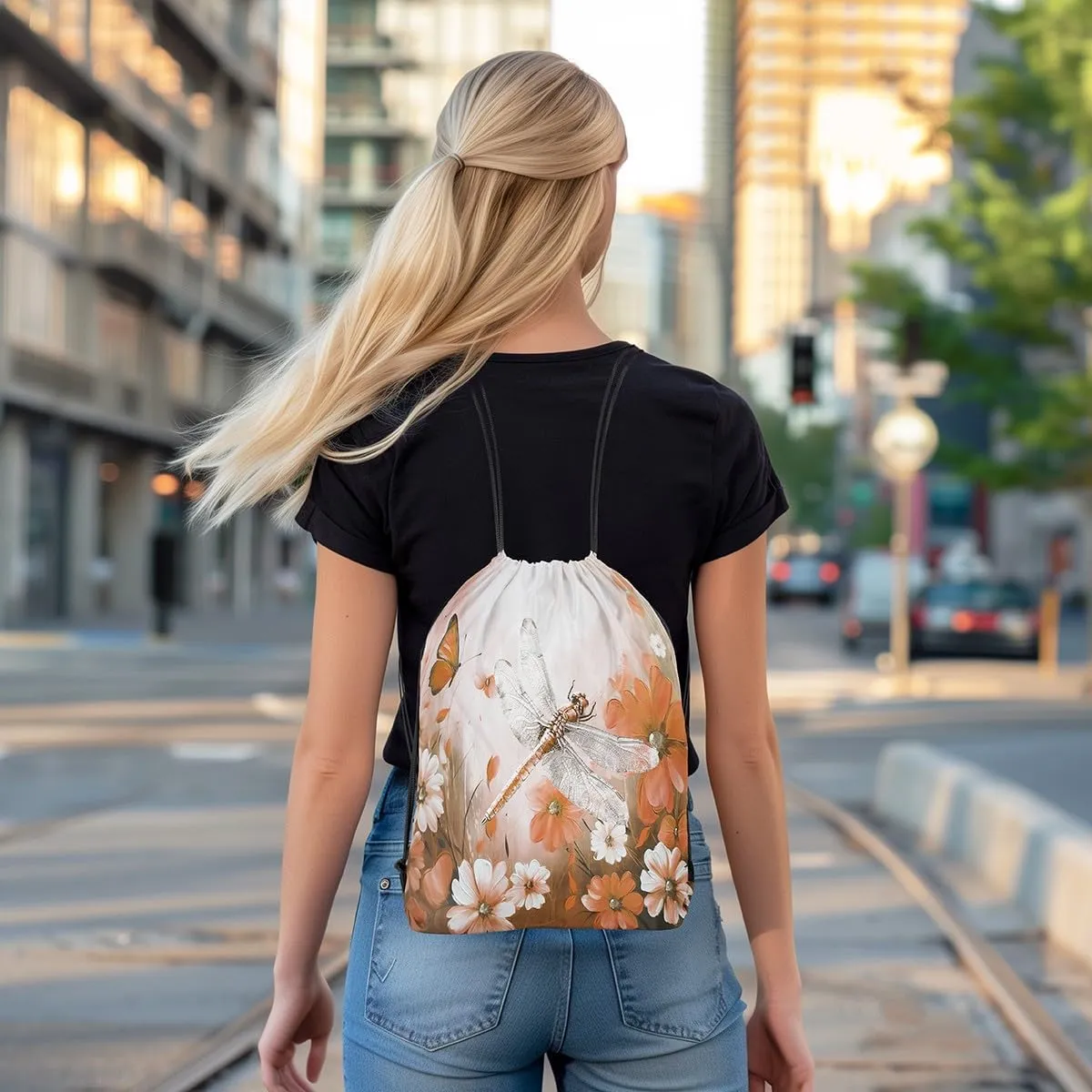 Erosebridal Dragonfly Drawstring Backpack 13x15.7, Butterflies 3D Draw String Back Bag, Animals Insects Printed Reversible Drawstring Bags For Swim Yoga, Orange White Flowers String Backpack