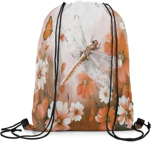 Erosebridal Dragonfly Drawstring Backpack 13x15.7, Butterflies 3D Draw String Back Bag, Animals Insects Printed Reversible Drawstring Bags For Swim Yoga, Orange White Flowers String Backpack