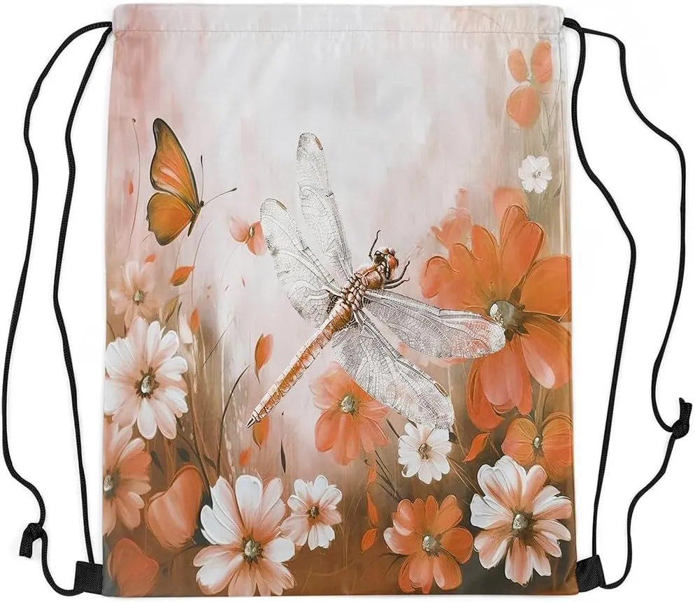 Erosebridal Dragonfly Drawstring Backpack 13x15.7, Butterflies 3D Draw String Back Bag, Animals Insects Printed Reversible Drawstring Bags For Swim Yoga, Orange White Flowers String Backpack