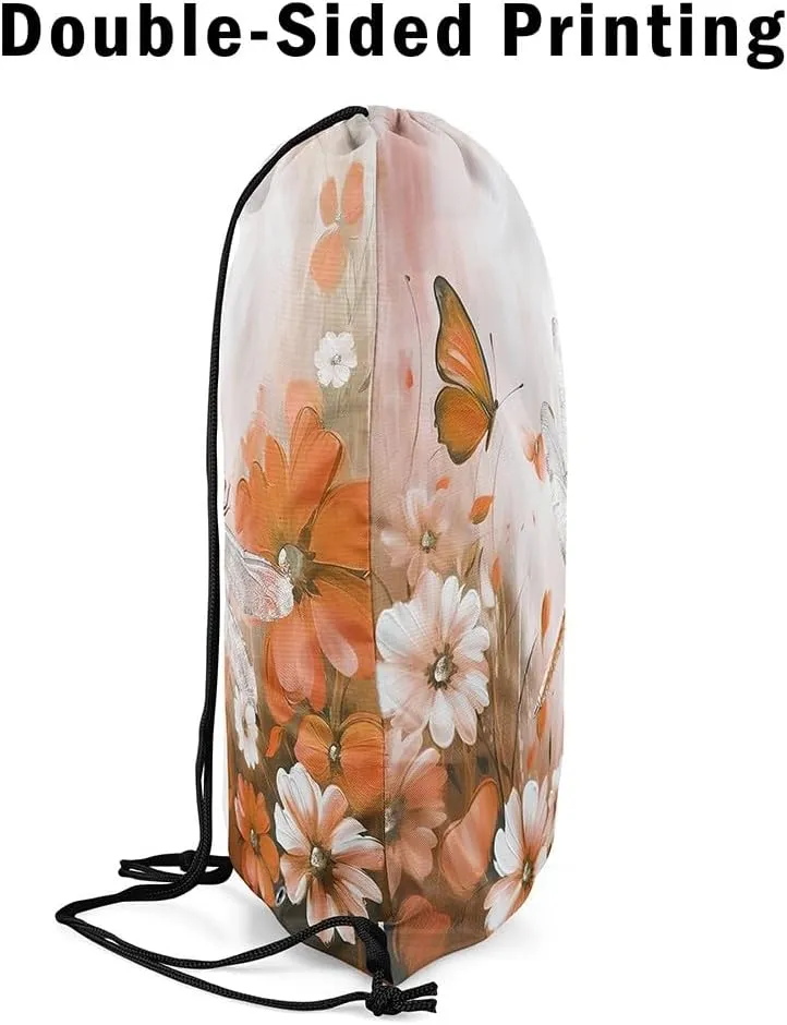 Erosebridal Dragonfly Drawstring Backpack 13x15.7, Butterflies 3D Draw String Back Bag, Animals Insects Printed Reversible Drawstring Bags For Swim Yoga, Orange White Flowers String Backpack