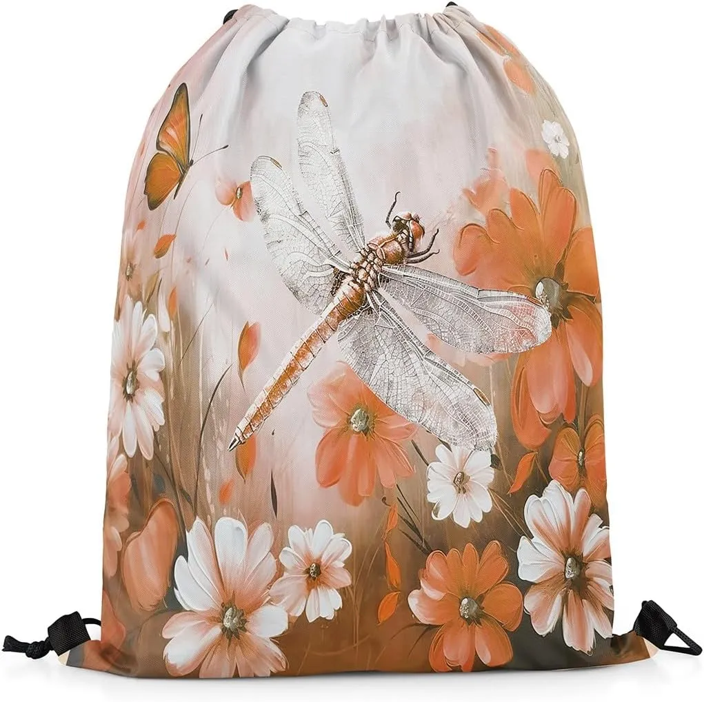 Erosebridal Dragonfly Drawstring Backpack 13x15.7, Butterflies 3D Draw String Back Bag, Animals Insects Printed Reversible Drawstring Bags For Swim Yoga, Orange White Flowers String Backpack