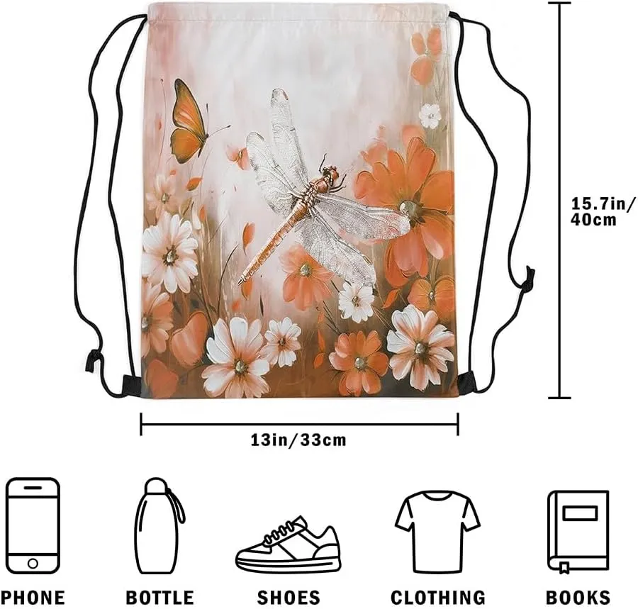 Erosebridal Dragonfly Drawstring Backpack 13x15.7, Butterflies 3D Draw String Back Bag, Animals Insects Printed Reversible Drawstring Bags For Swim Yoga, Orange White Flowers String Backpack