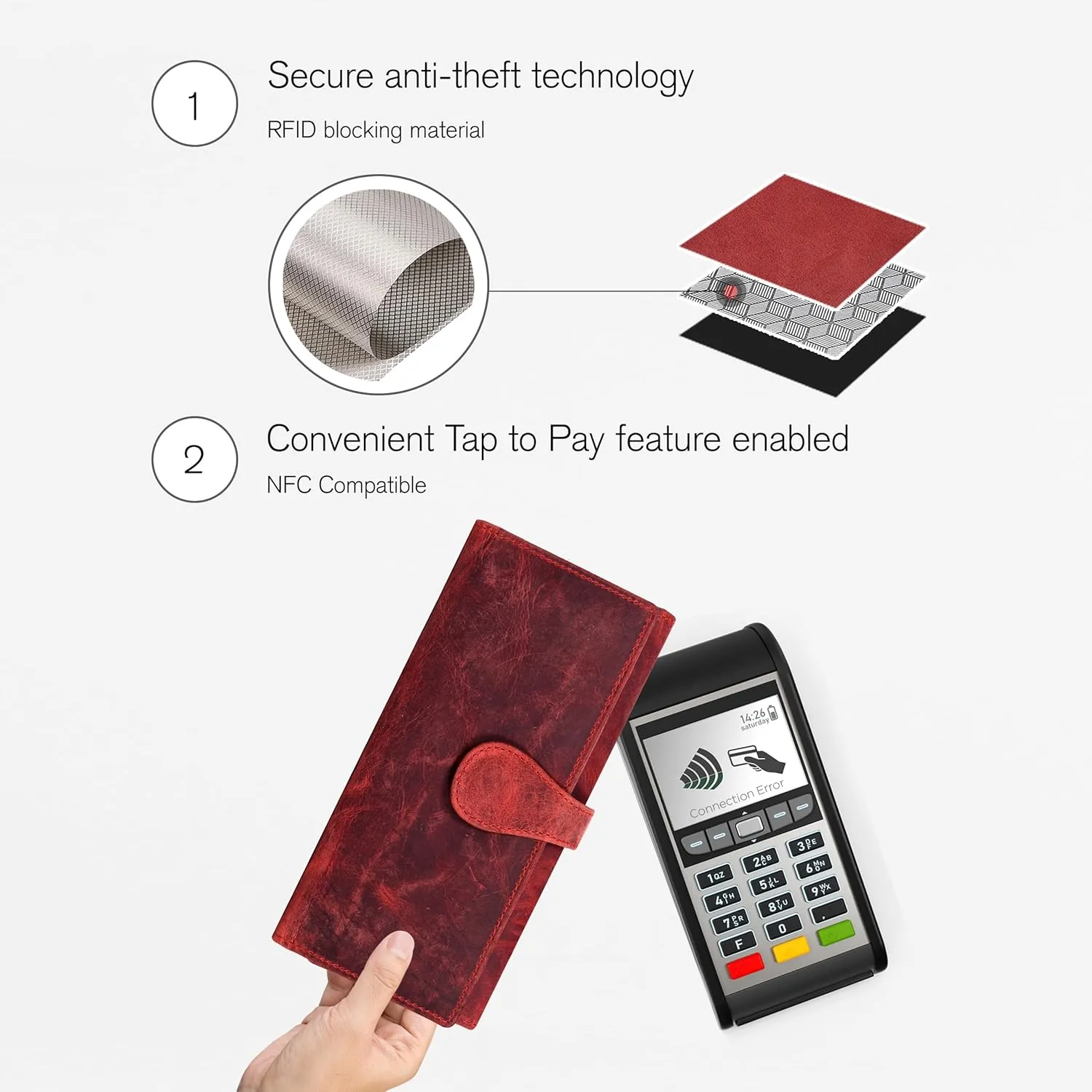 ESTALON Leather Long Bifold Wallet for Women | RFID Blocking | 11 Card Organizer Slots | 3 ID Windows | Trendy Women's Travel Wallet | Ladies Clutch Purse | Gifts for Her | Red Hunter